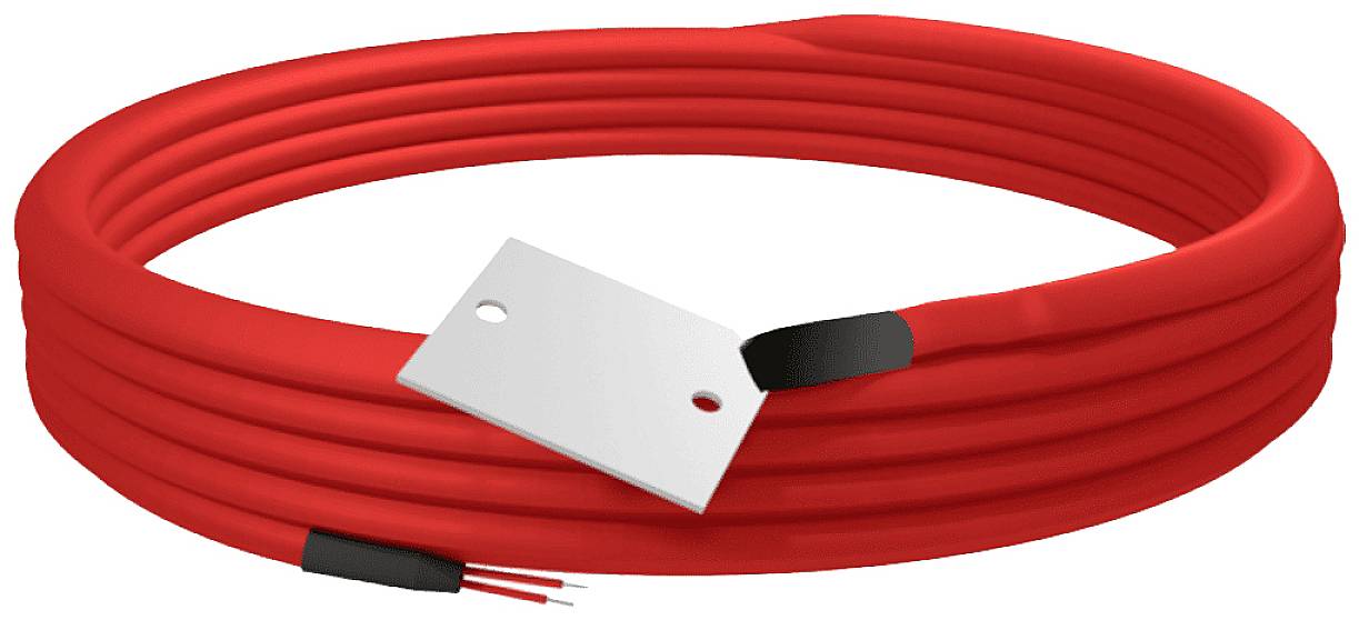 Red heating cable with metal plate, two conductors visible at the end. Suitable for de-icing pipes or heating systems.