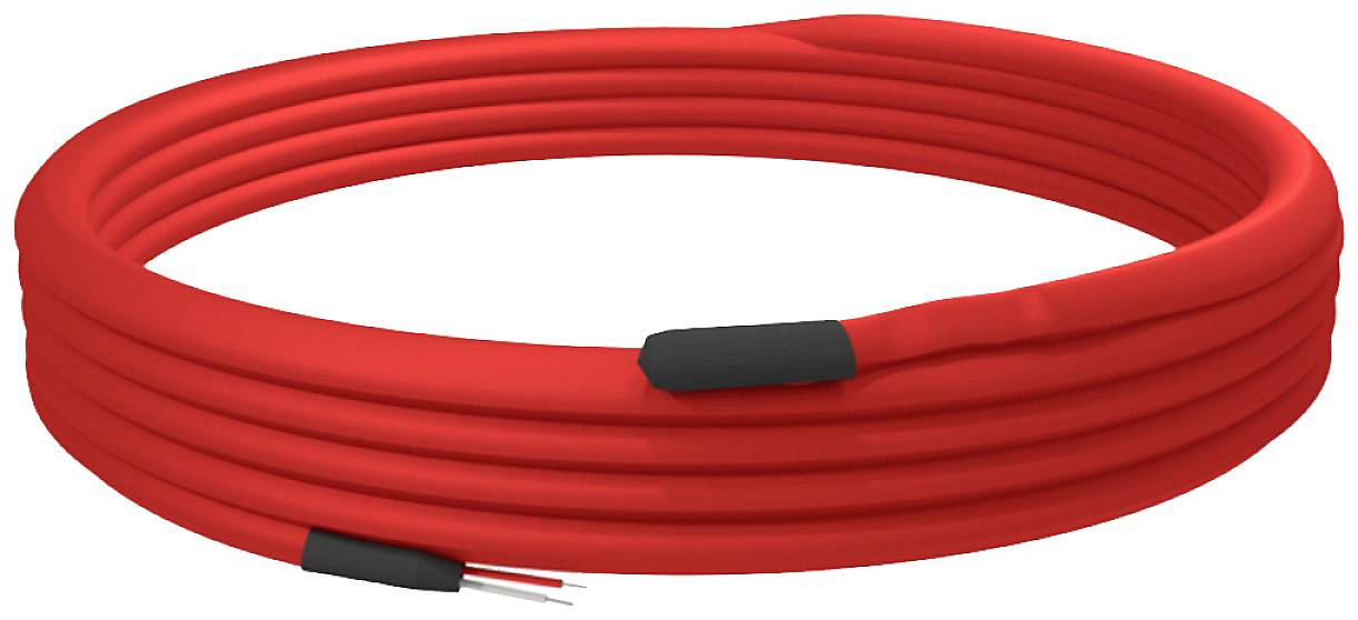 A red heating cable with a black end piece and exposed wire ends.