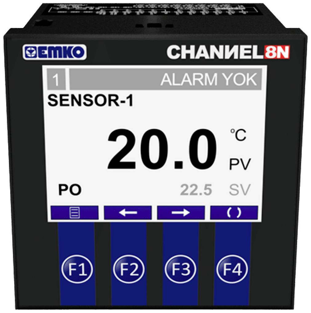 Digital display of an EMKO temperature controller shows '20.0 °C PV'. Buttons below: F1 to F4. Top right: 'ALARM NOT'.