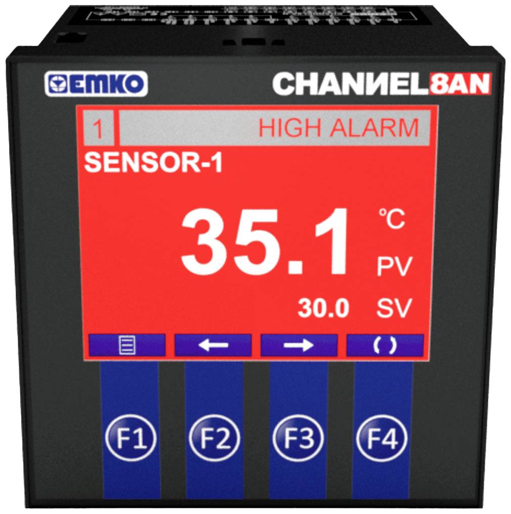 A digital measuring device displays 'SENSOR-1', '35.1°C', 'HIGH ALARM' in Red. Control buttons below indicate F1 to F4.
