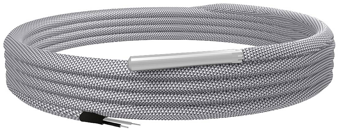 Grey, flexible heating cable, coiled, with exposed ends. Used for frost protection of pipes or gutters.