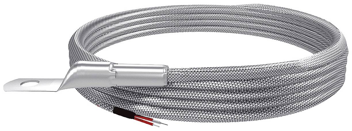 A flexible metal cable with silver braiding and an exposed wire end, suitable for connection or earthing in electrical applications.