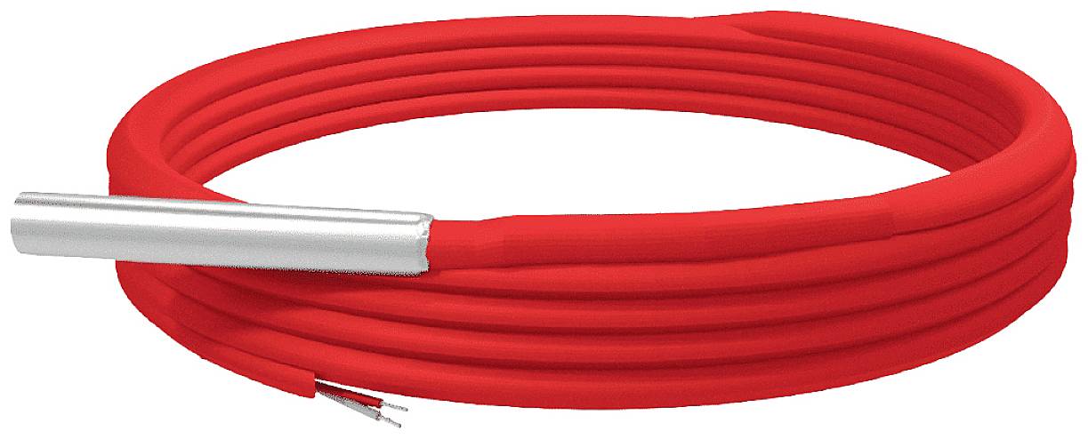 Red heating cable with integrated temperature sensor, insulated and suitable for industrial applications.