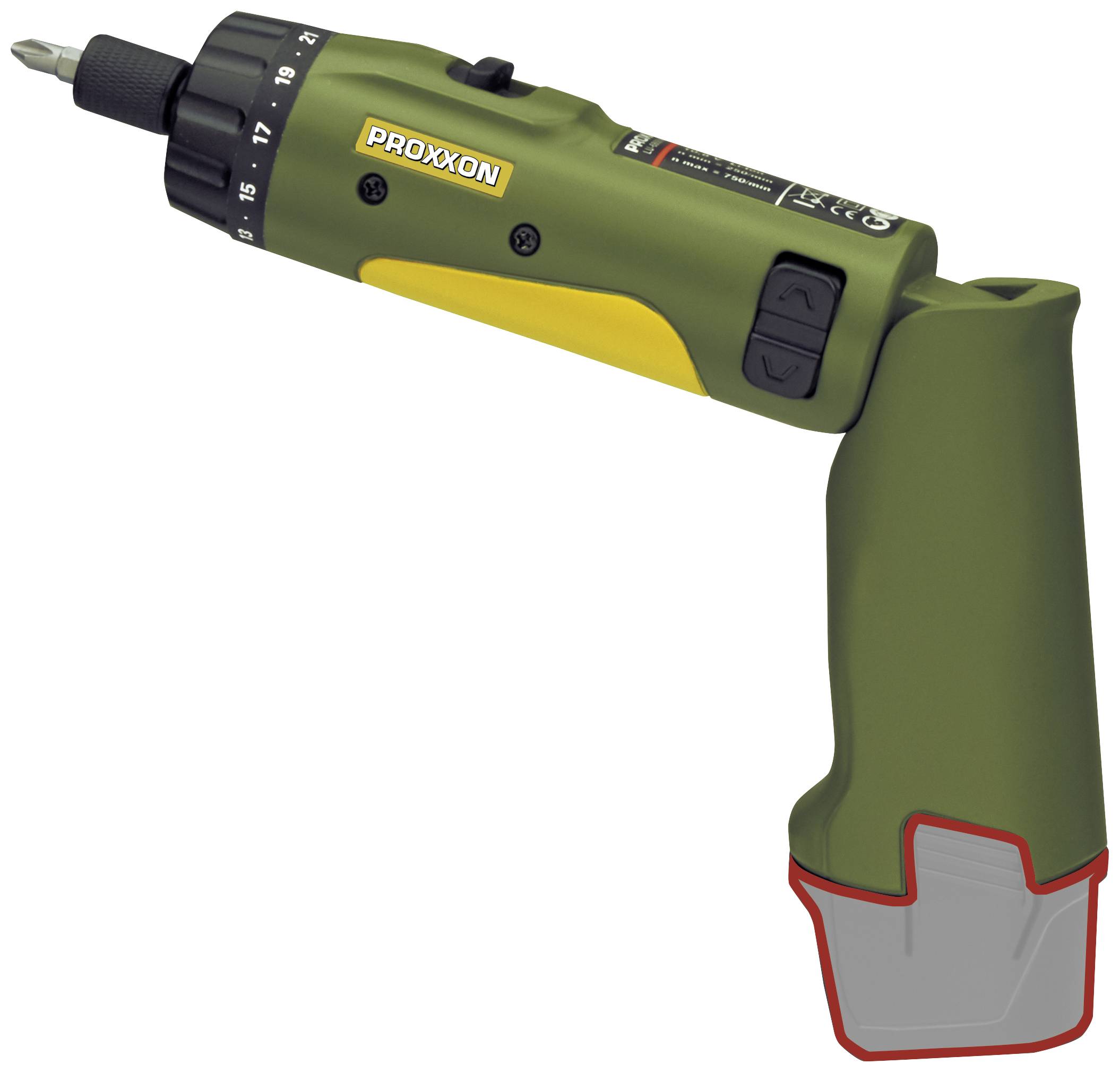 A cordless drill in green with yellow accents, brand name 'Proxxon' visible, standing upright.