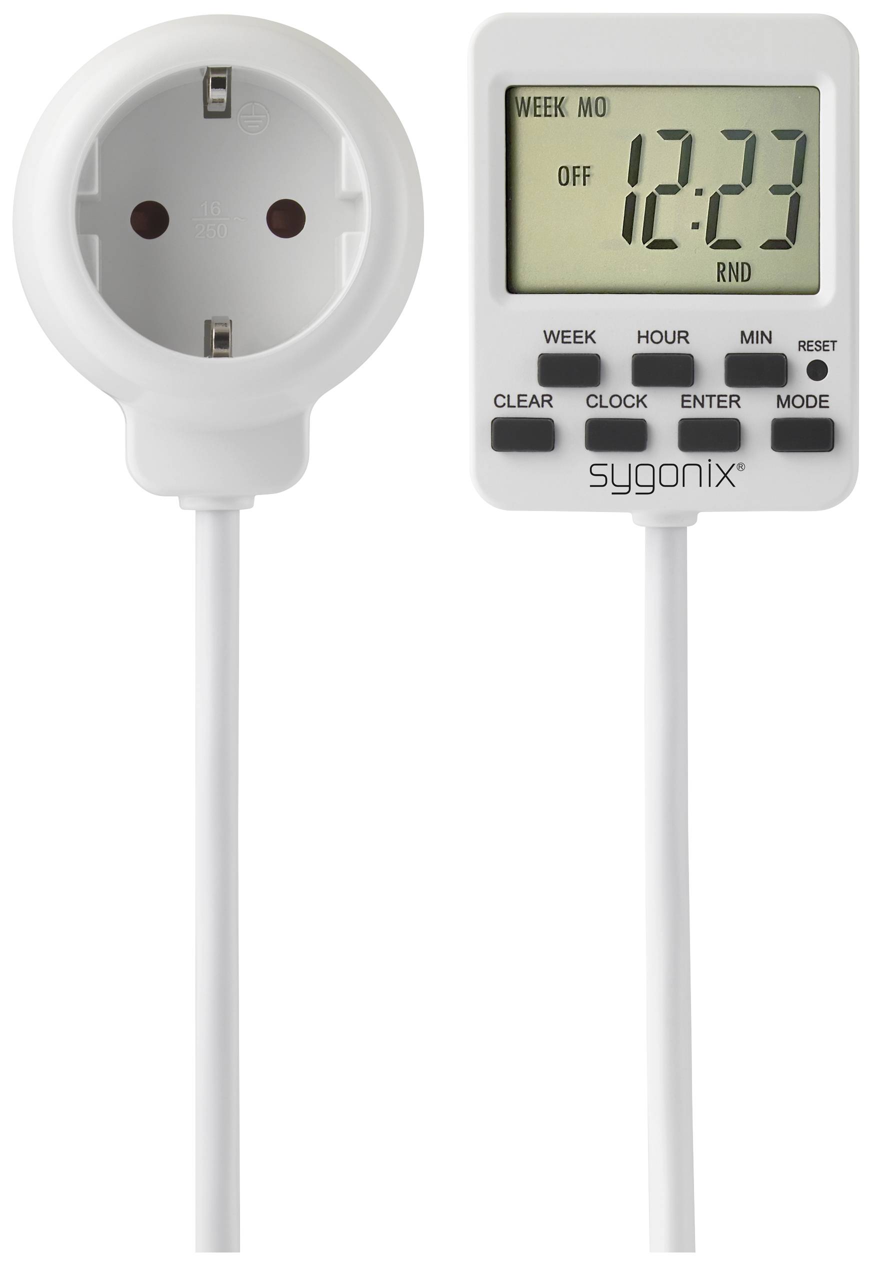 Electronic timer plug with socket and display. Shows time '12:23'. Setting buttons underneath.