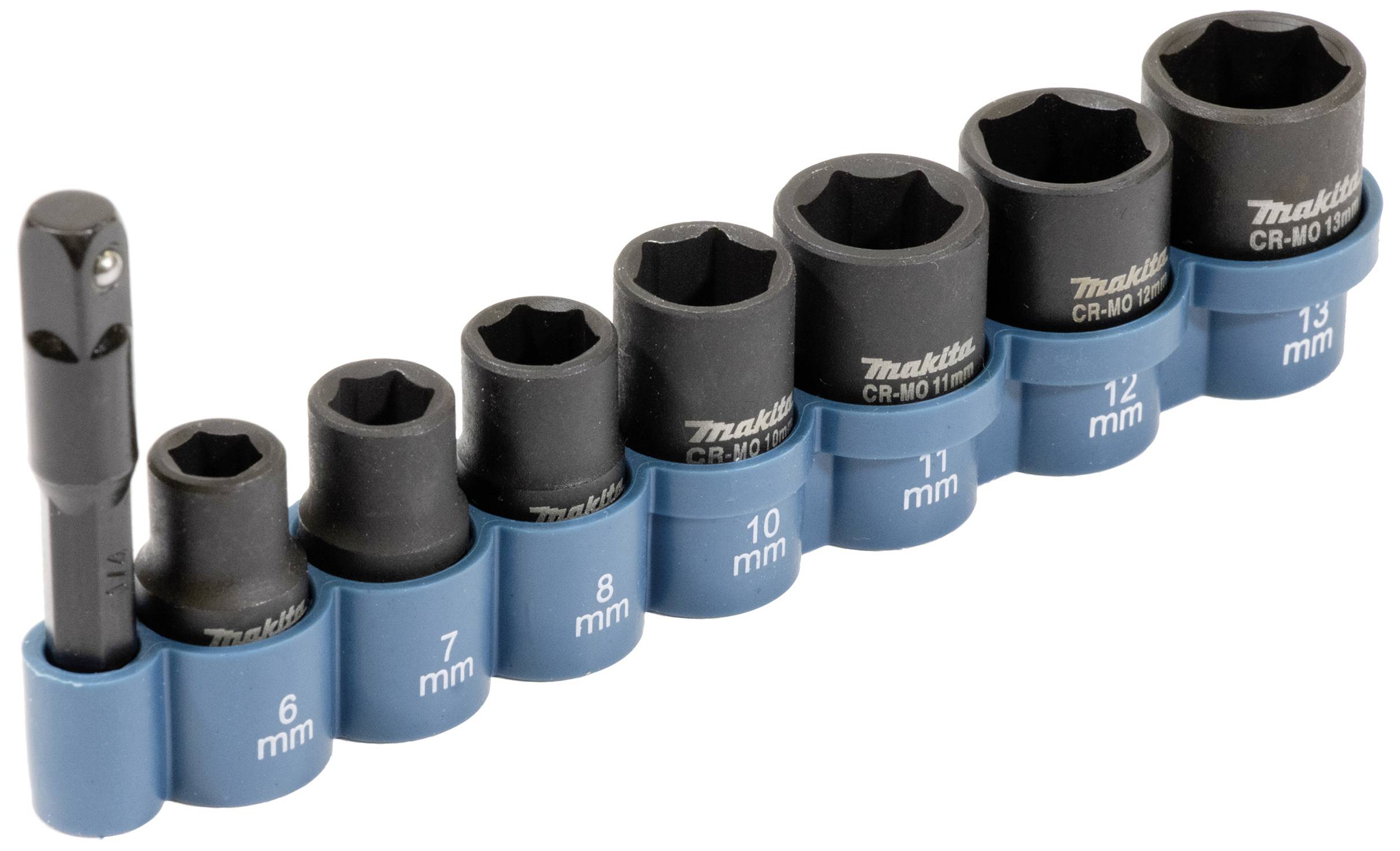 Base socket with sizes ranging from 6 mm to 13 mm in holder, brand name visible on bases. Suitable for screw work.