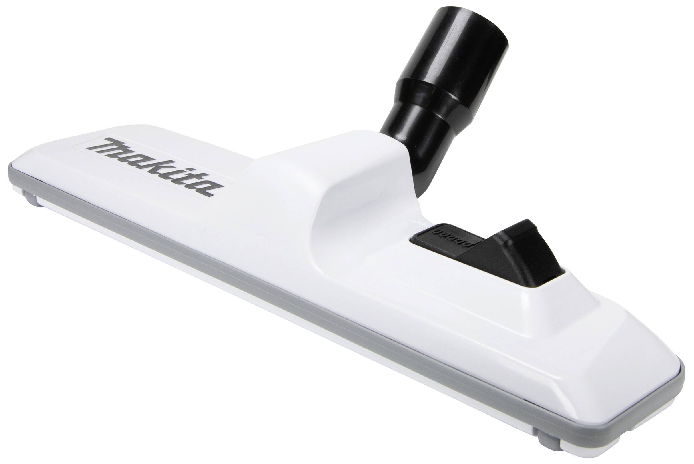 White vacuum cleaner attachment with a black connection, 'Makita' brand name on the side. Suitable for hard floors and carpets.