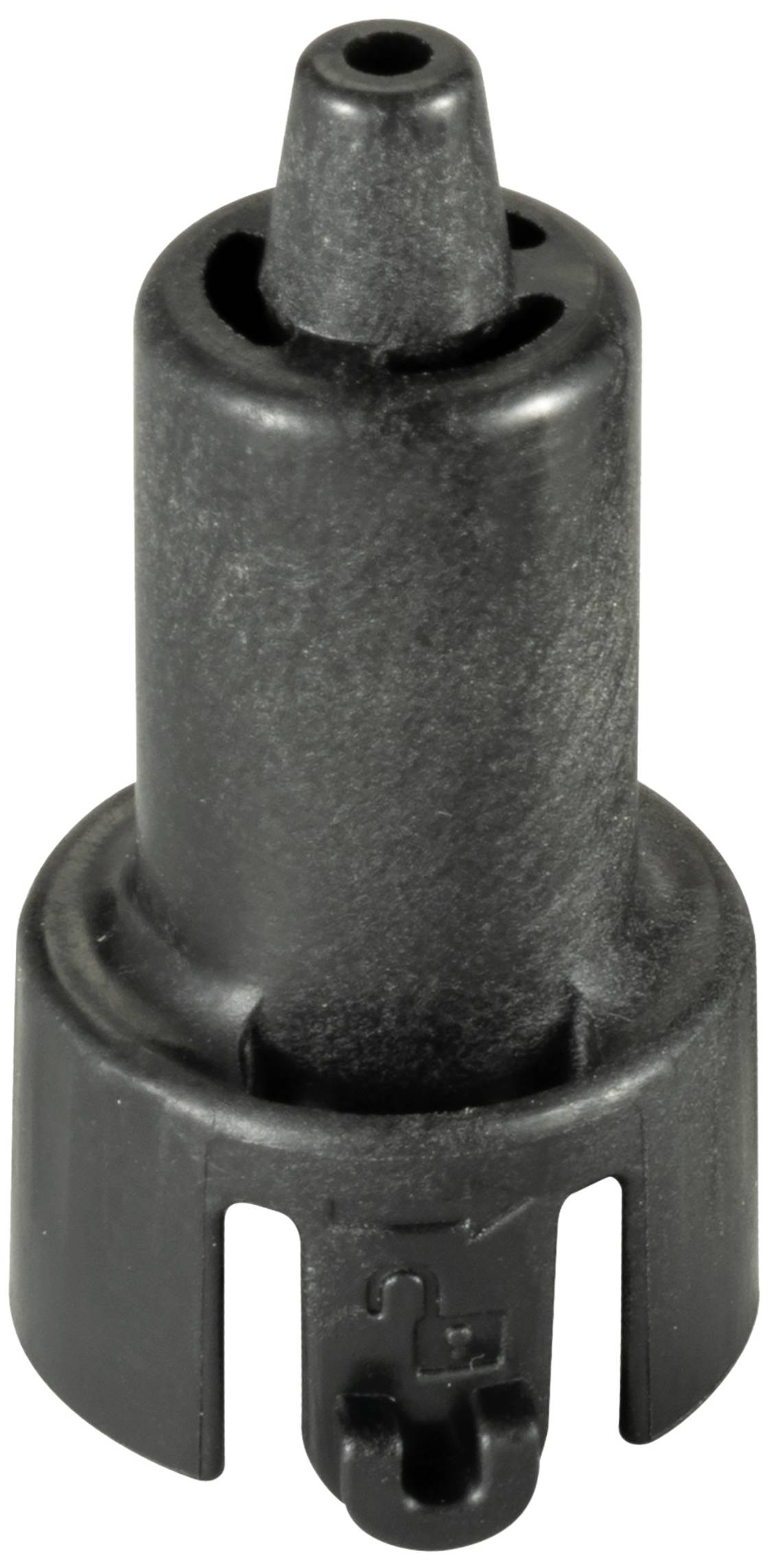 Black plastic nozzle in a cylindrical shape with a narrow opening at the top. It is frequently used for spray devices.