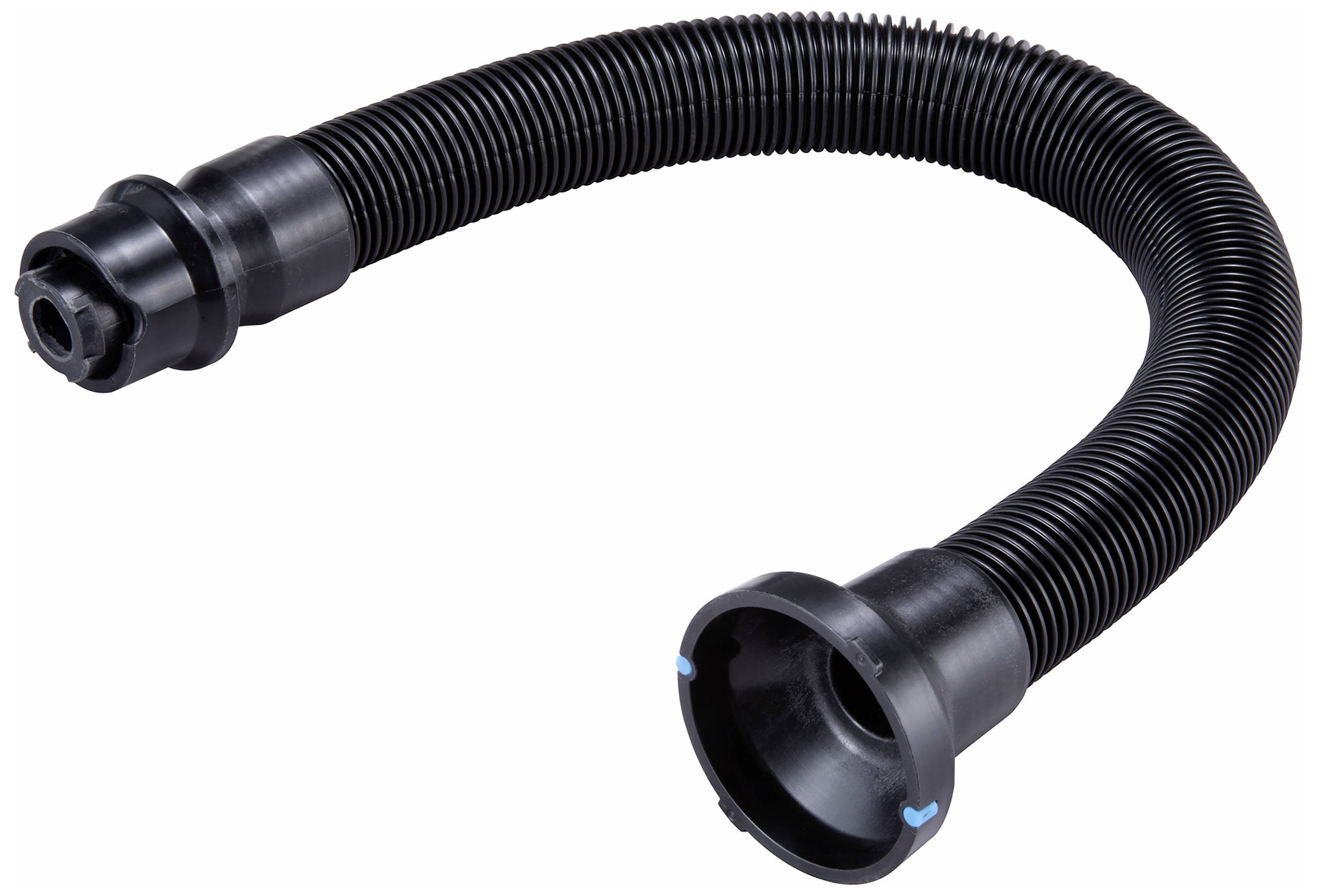 Flexible black corrugated hose with large, rounded end pieces. Suitable for protecting and guiding cables.