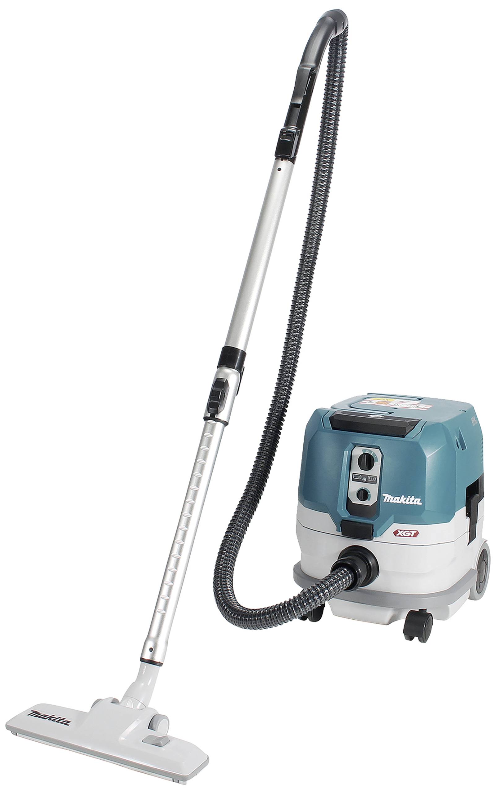 A blue and white vacuum cleaner with hose and extension tube. Brand name and model number are visible. Suitable for floor cleaning.