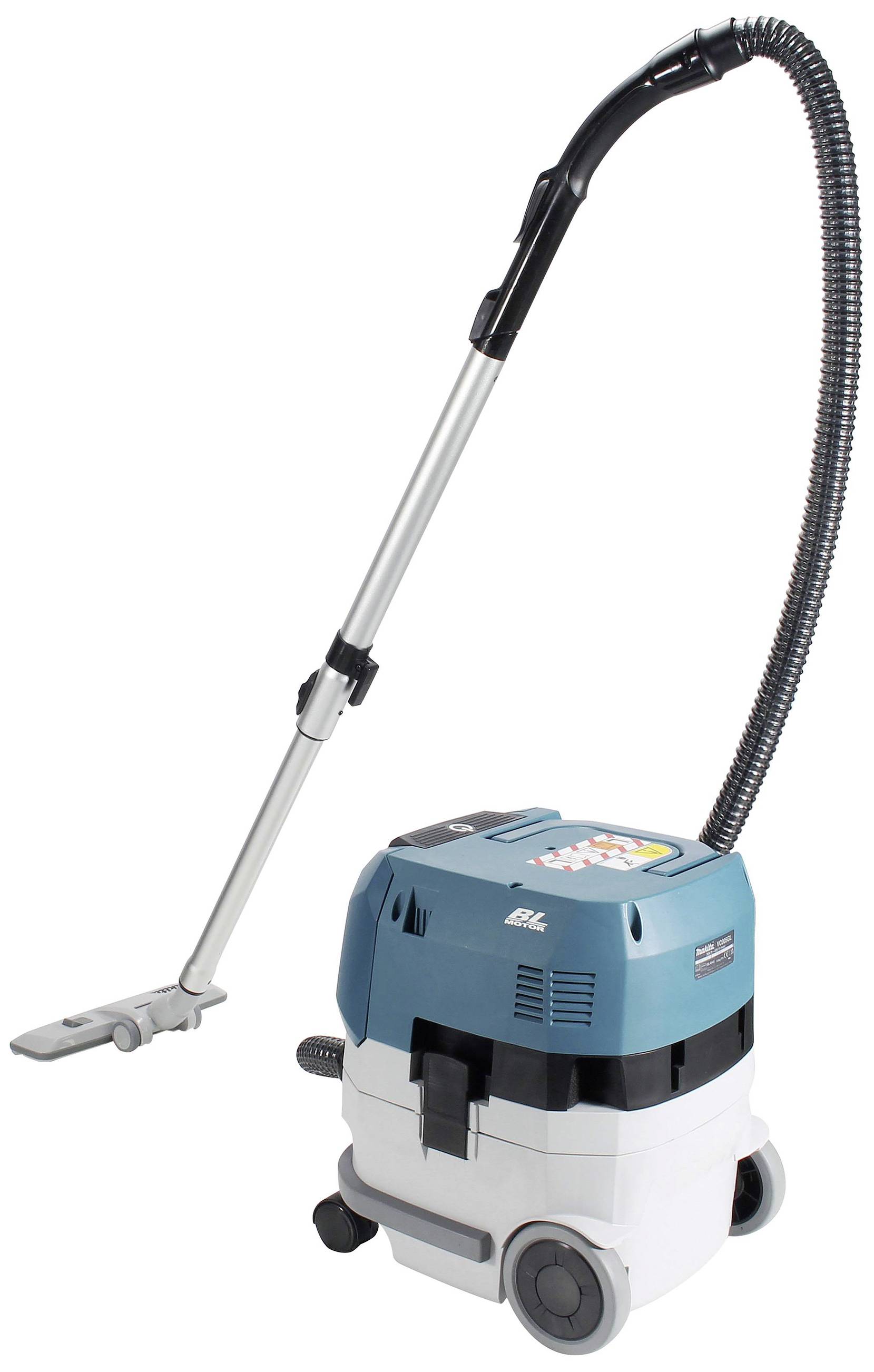 Industrial vacuum cleaner in blue and white with wheels, hose, and suction head. Suitable for workshop or construction site use.