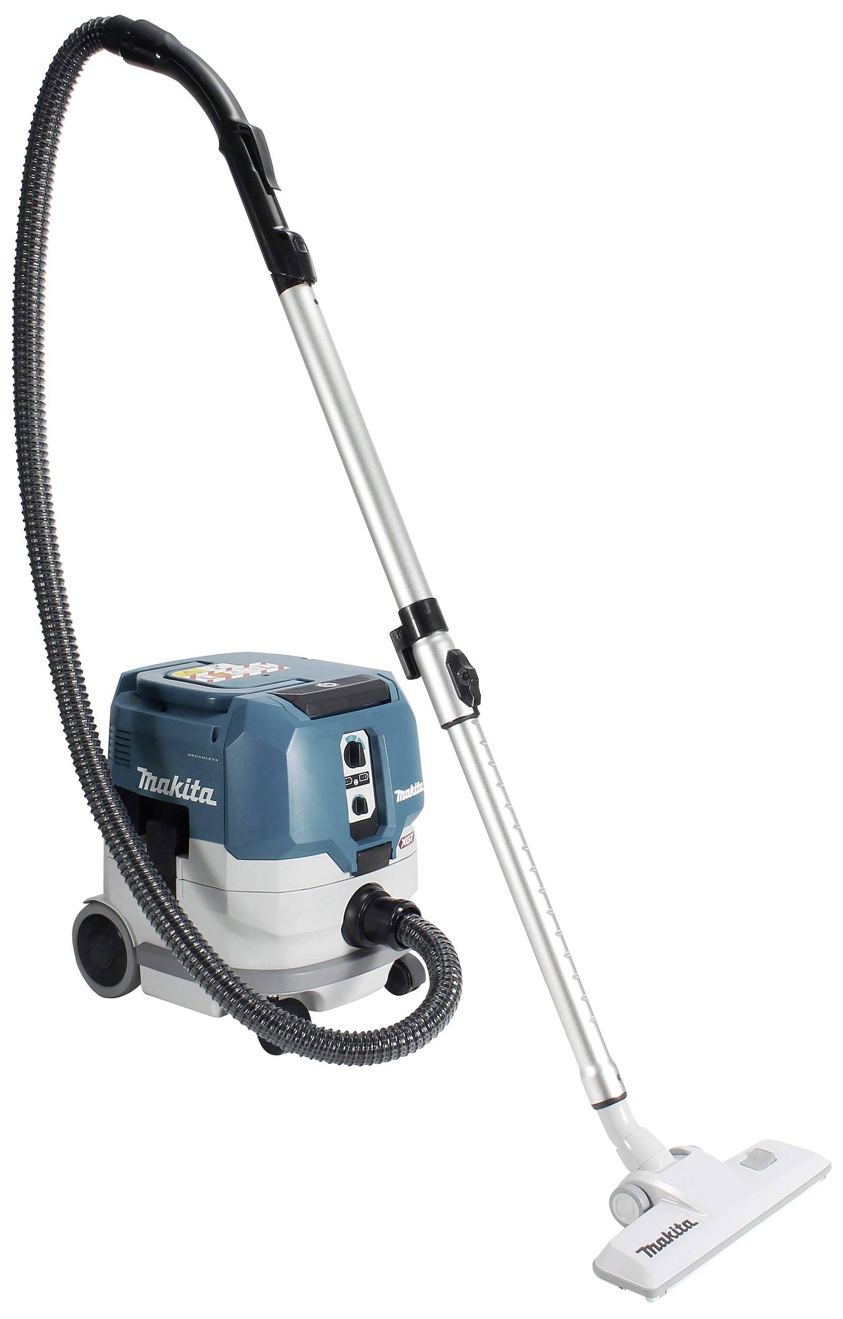 Industrial vacuum cleaners by Makita with blue and white casing, long suction hose and floor nozzle, suitable for construction site cleaning.
