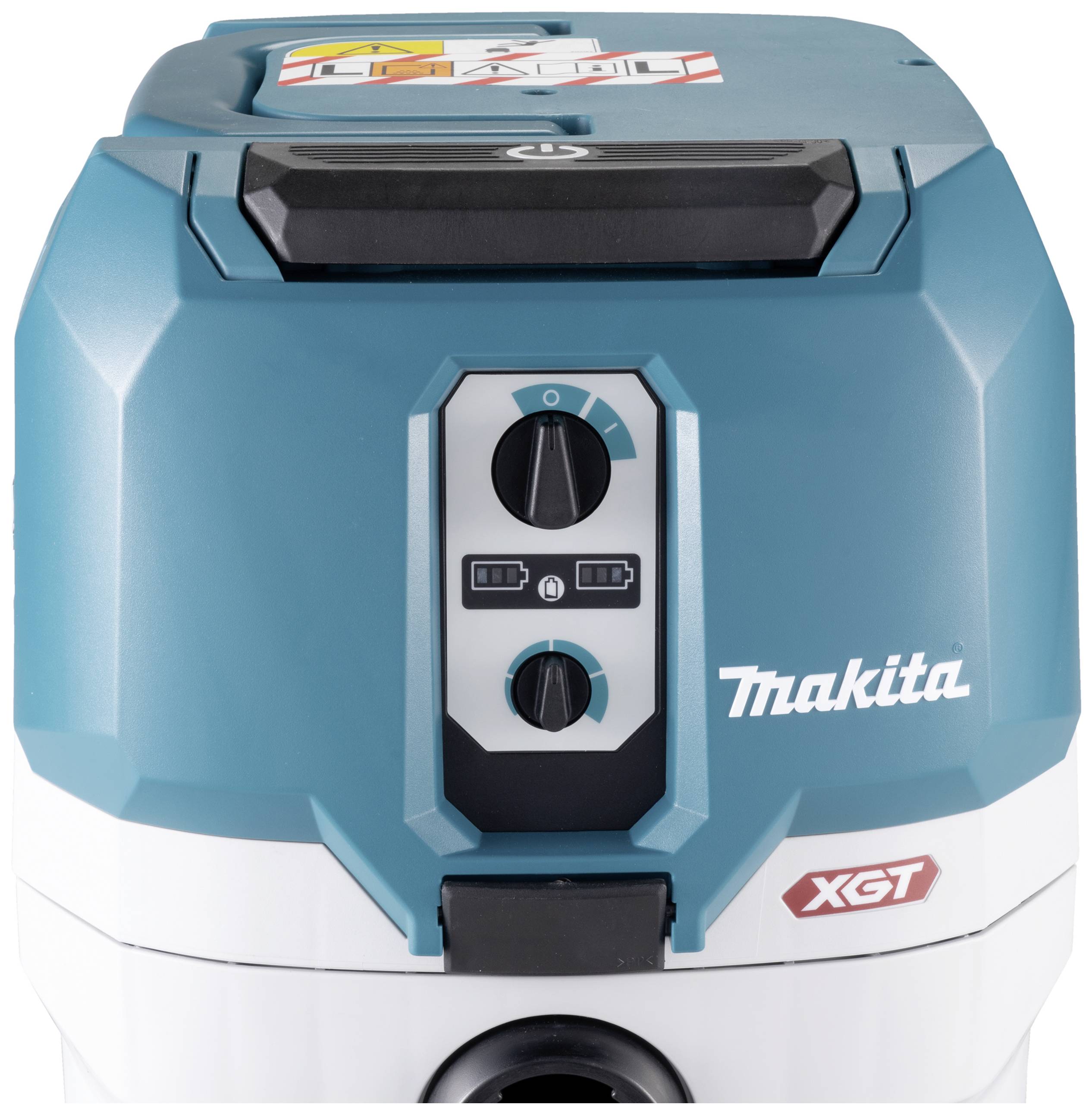 Industrial vacuum cleaner by Makita in blue and white with control buttons and XGT logo. Suitable for heavy-duty cleaning tasks.