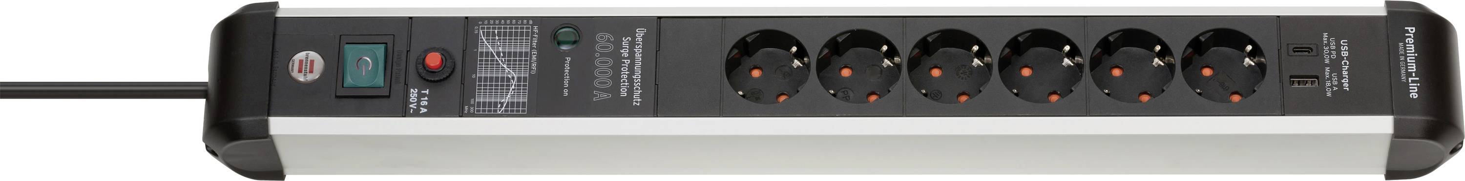 A black power strip with six round sockets, one green switch, one red indicator light, and a power cord attached on the left.