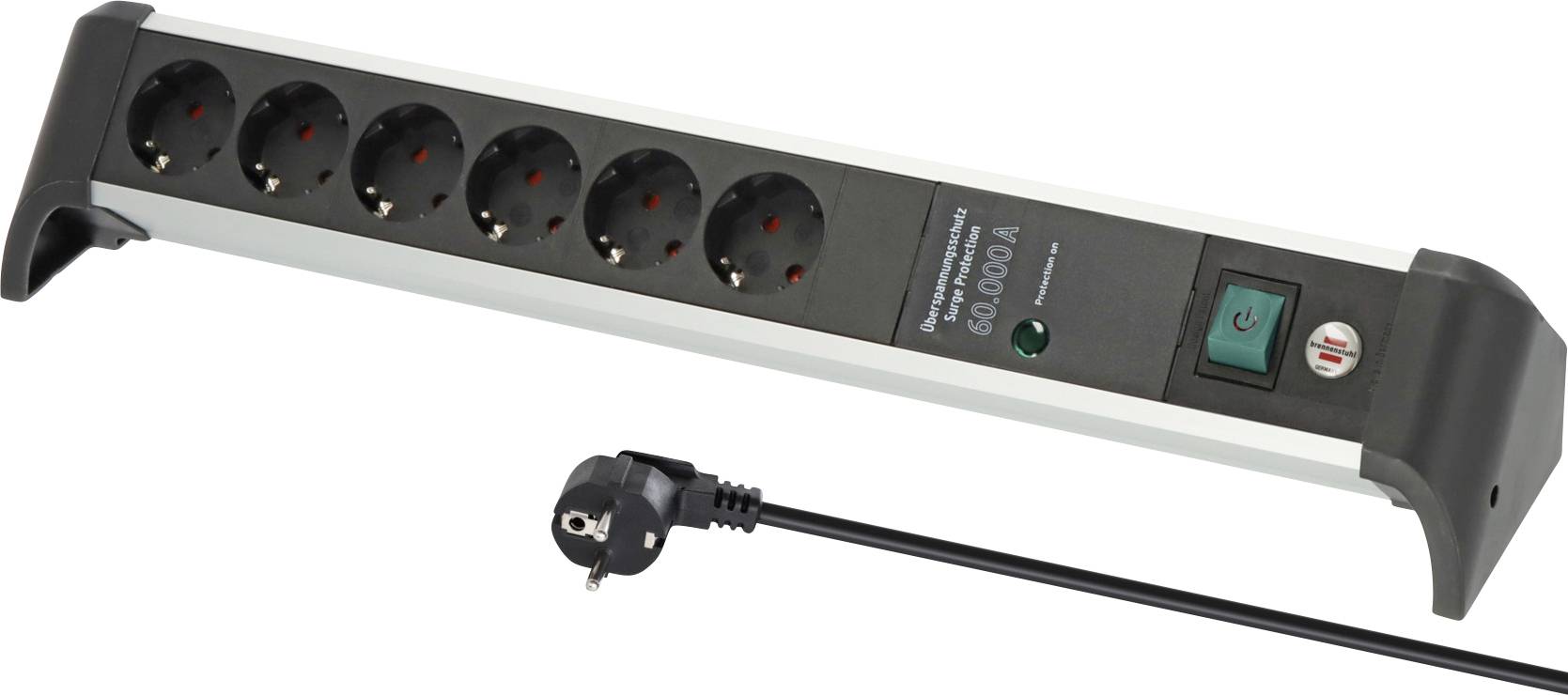 Six-outlet power strip with built-in switch and attached European-style power cord, shown on a white background.