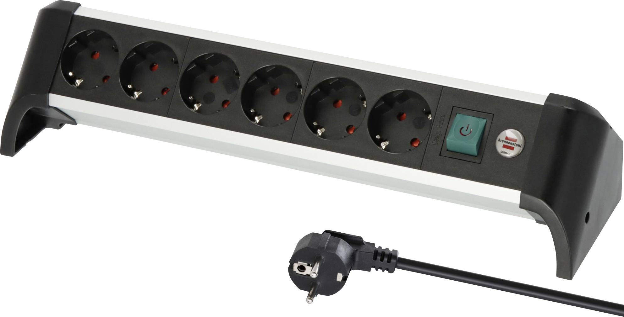 Black six-socket power strip with on/off switch and attached plug cable, shown on a white background.