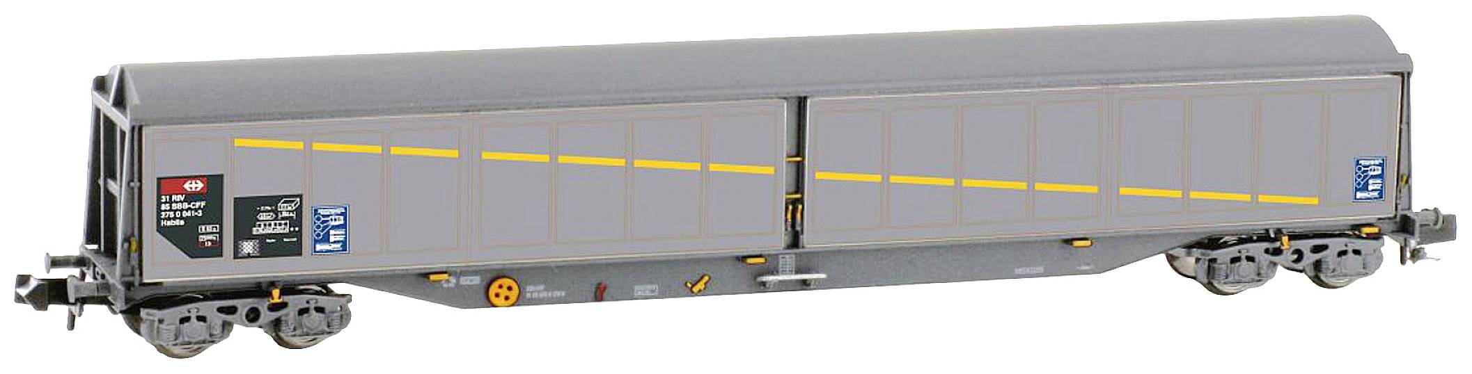Goods wagon model in grey with a yellow stripe. Side view shows details of the wheels and inscriptions on the side walls.