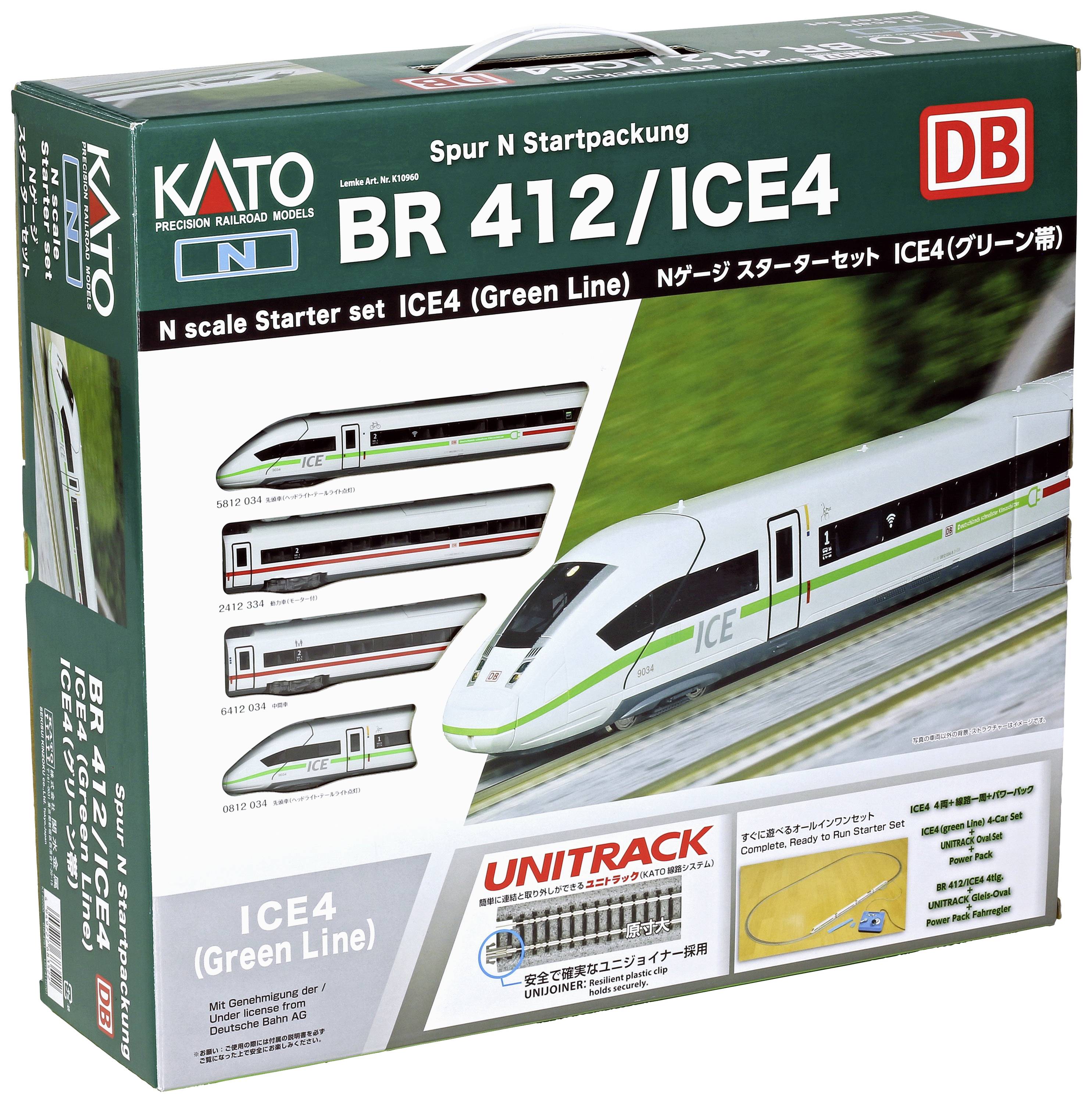 Packaging for a Kato N gauge model railway starter set, featuring the BR 412/ICE4, marketed as the 'Green Line'. Includes train illustrations and Unitrack track plan.