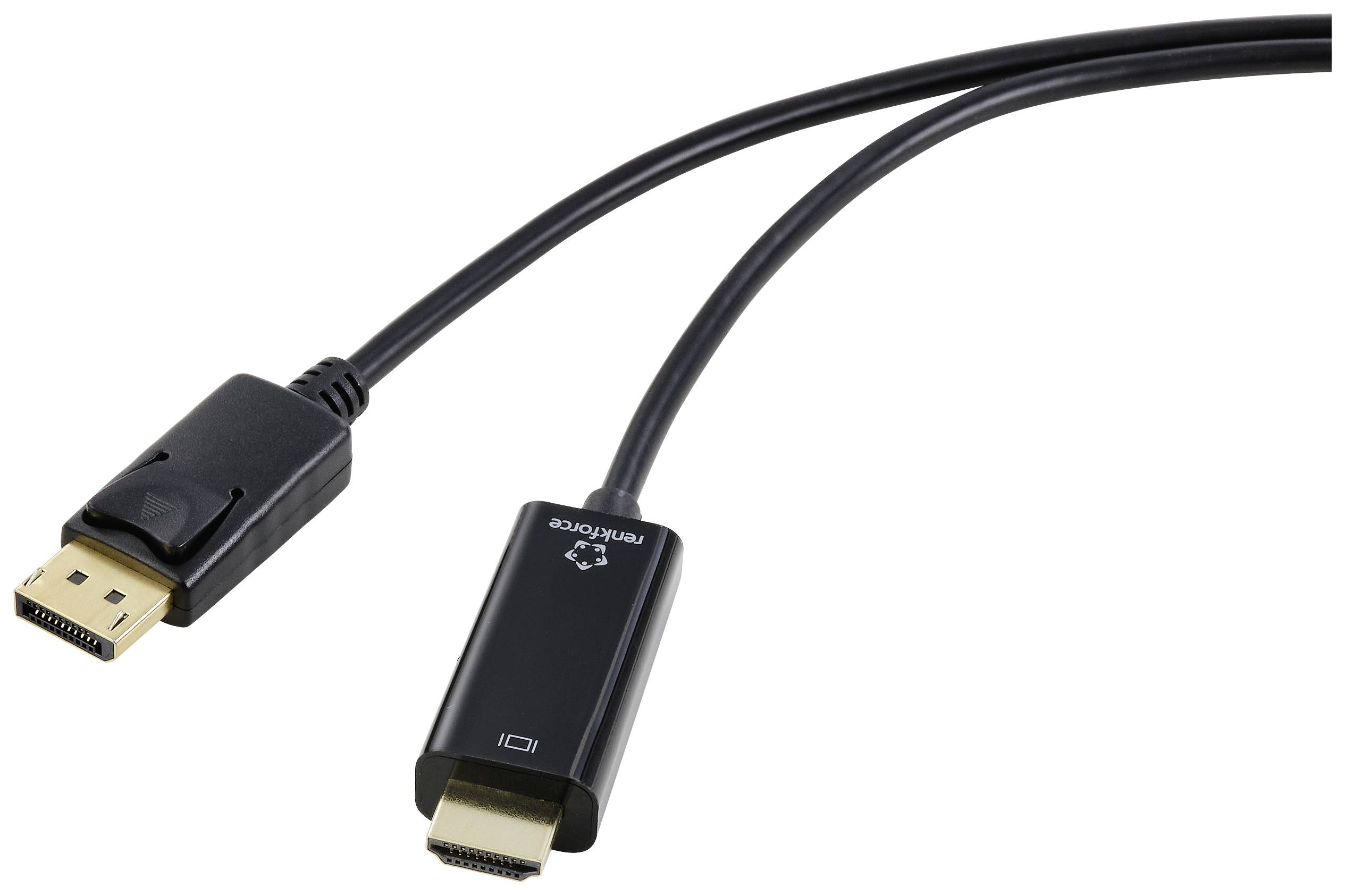 A cable with DisplayPort and HDMI connections, suitable for connecting computers to monitors or televisions.