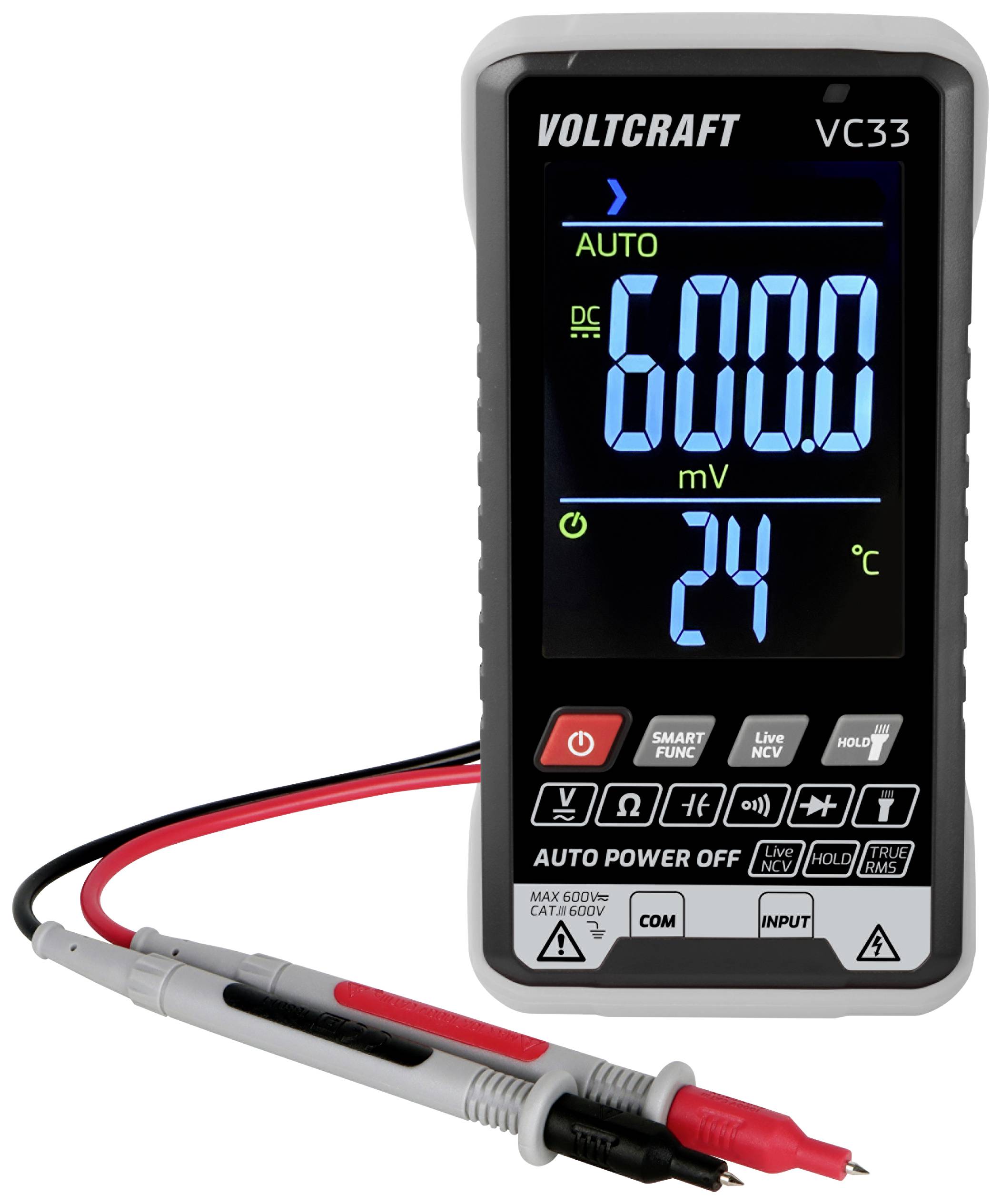 Digital multimeter with display reading '600.0 mV' and temperature '24 °C', brand Voltcraft, model VC33, red and black test probes.
