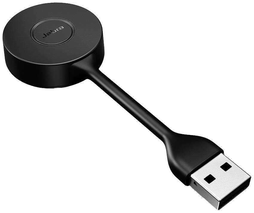A black USB dongle with a round casing, labelled 'Jabra', connects via USB and serves for wireless audio connectivity.