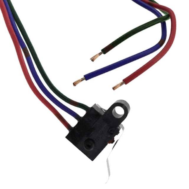 A microswitch with four coloured cables (red, blue, black, green) that can be used for connection.