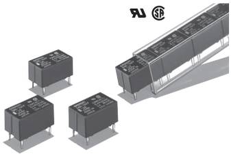 Illustration of several black electronic components (relays) on a light background, with brand logos in the top right corner.