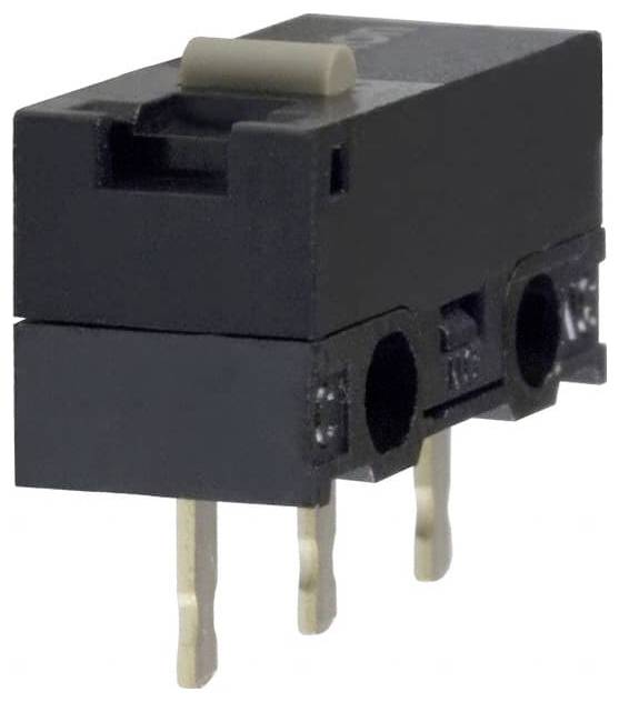 A small black microswitch with three metal pins and a rectangular actuator on top, used in electronics for controlling circuits.