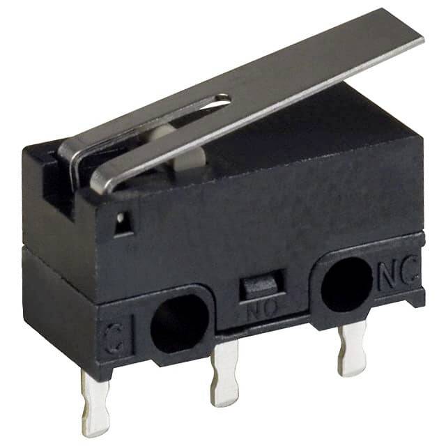 A black micro switch with three metal terminals and a lever on top. Suitable for electronic or mechanical applications.