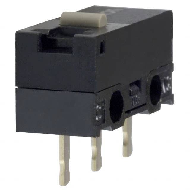 A black micro switch with three gold-coloured terminals, suitable for electronic applications in devices or machines.