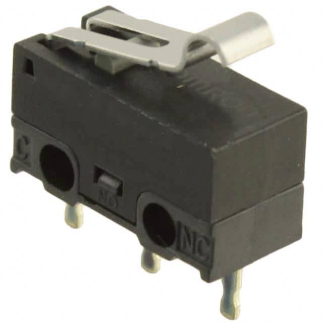 A black microswitch with a metallic lever, two mounting holes, and three electrical terminal connections.
