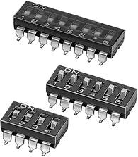 Three DIP switches with 'ON' labels and numbers on each unit. They have varying numbers of switches: 4, 6 and 8.