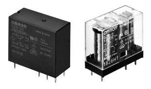 Two relays, one black and enclosed with labels, the other transparent with visible coils and contacts.