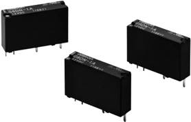 Three black relays, rectangular, with four connection pins each, arranged on a white background.