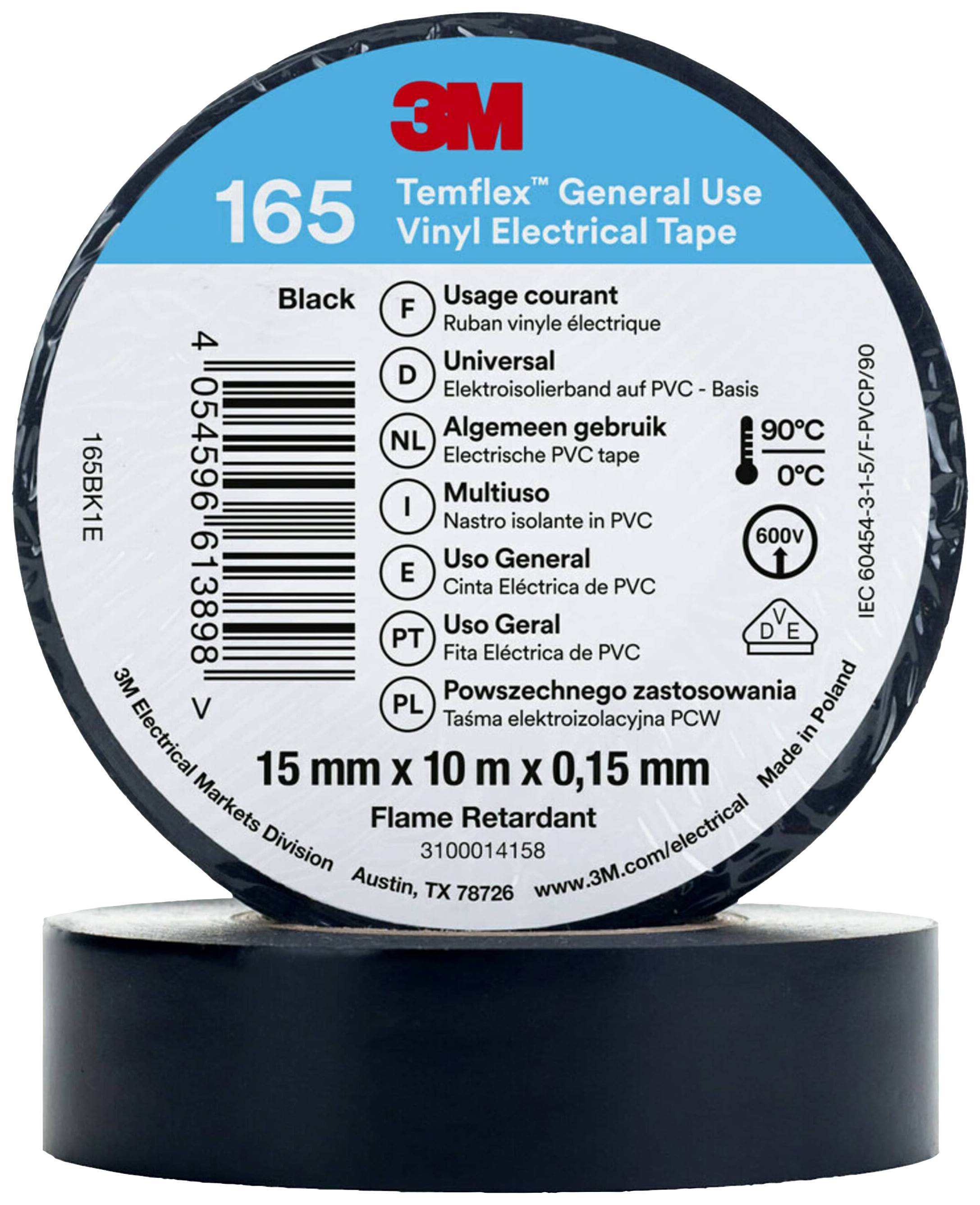 The image shows a roll of black 3M Temflex vinyl electrical insulation tape, 15 mm wide, 10 m long, 0.15 mm thick, flame-retardant.
