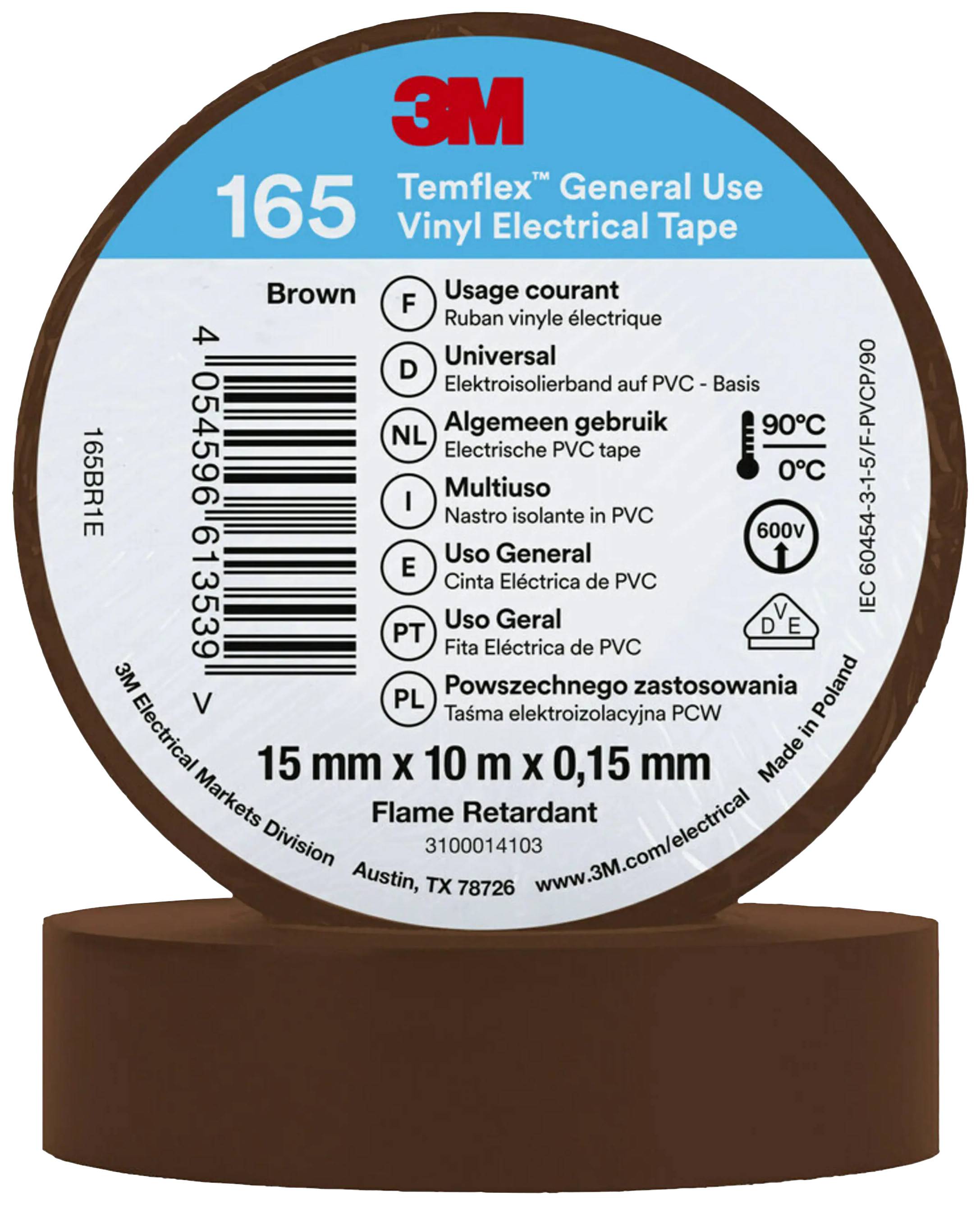 A brown roll of 3M Temflex Vinyl Electrical Insulation Tape, 15 mm wide, 10 m long, 0.15 mm thick. For universal applications up to a maximum of 90°C.