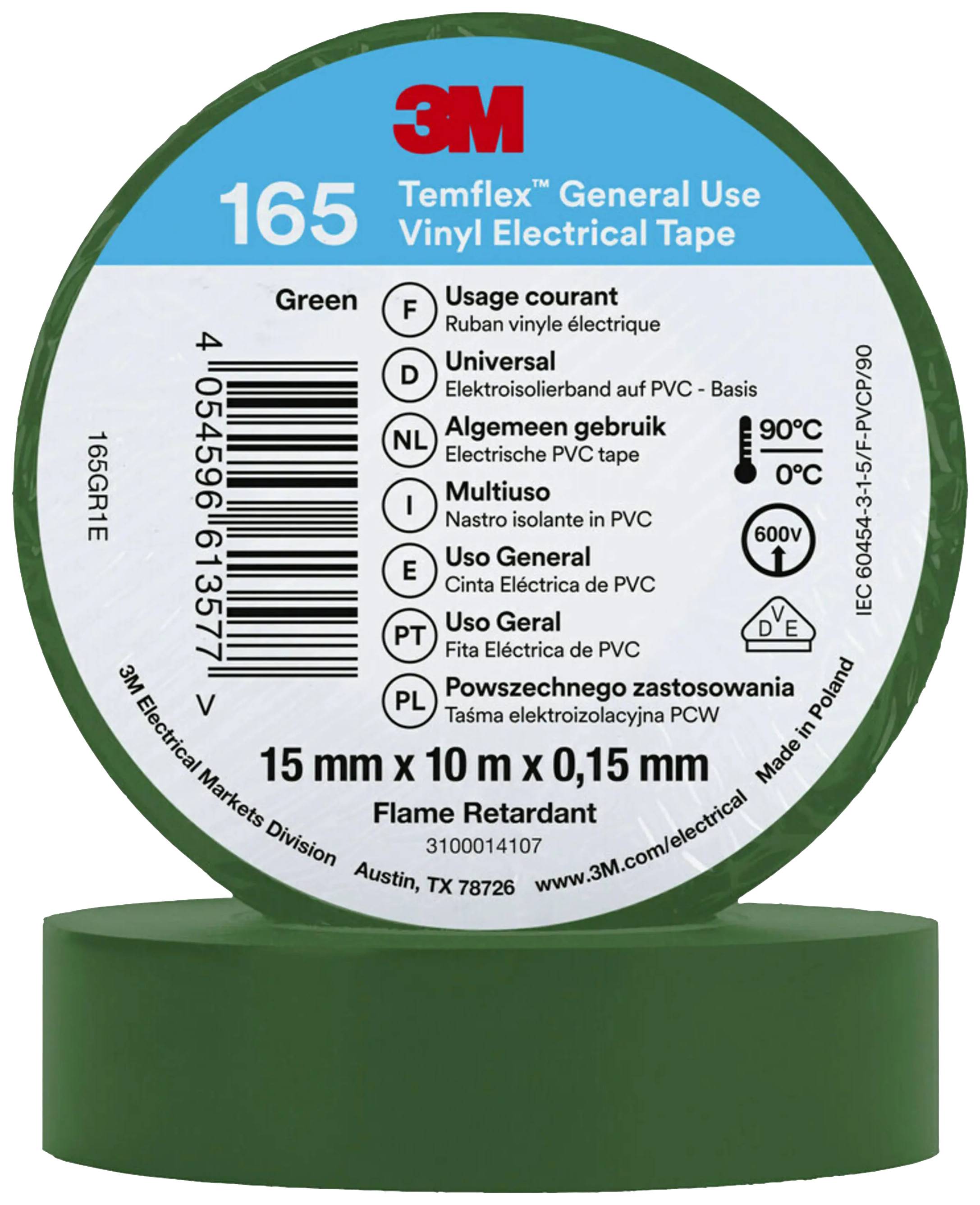 Green PVC insulating tape roll '3M Temflex 165', 15 mm x 10 m, flame retardant, used languages, and symbols for temperature and voltage resistance.