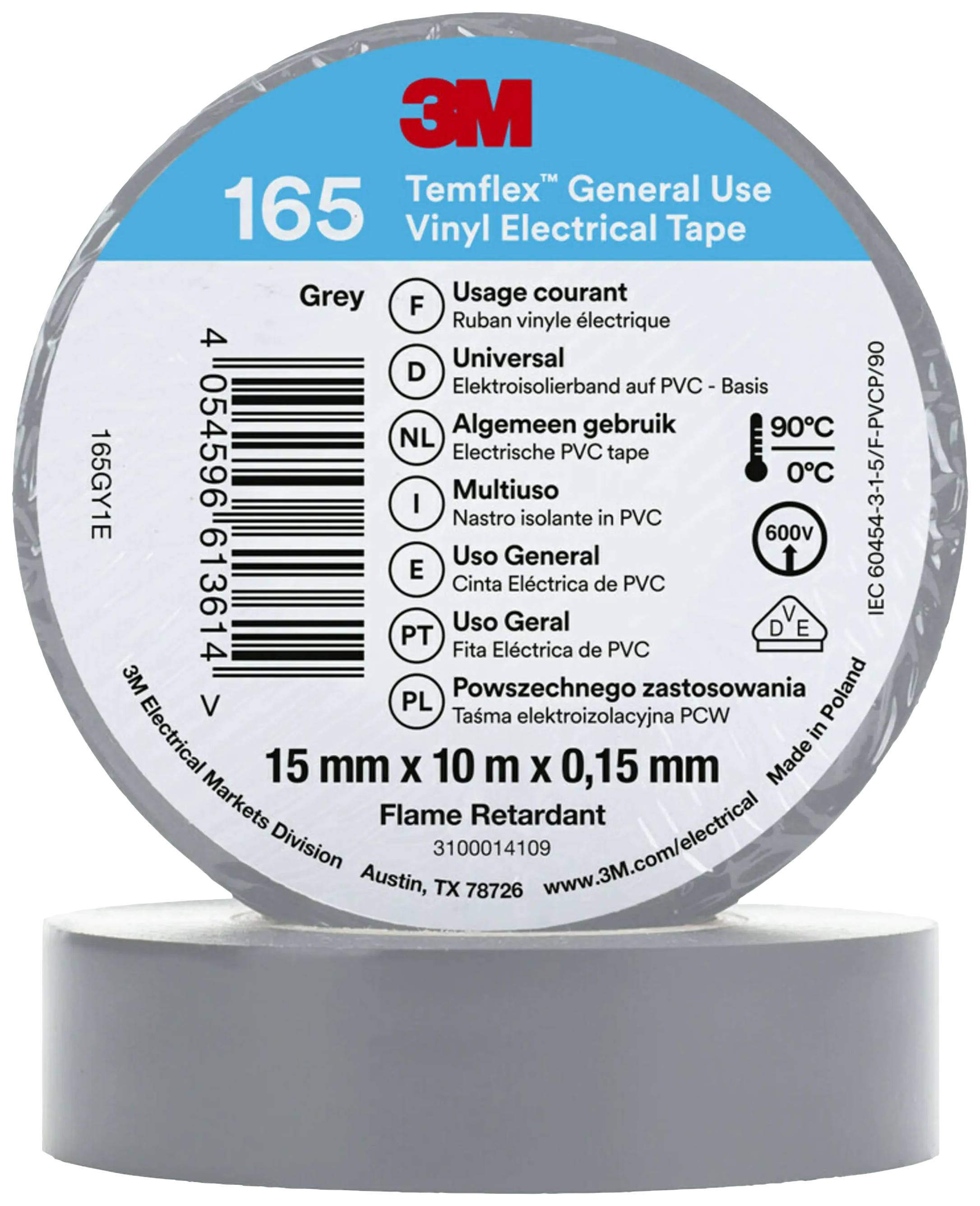 Grey PVC insulating tape '165' by 3M, universally applicable. Length 10 m, width 15 mm, flame-retardant, suitable up to 90°C, 600V.