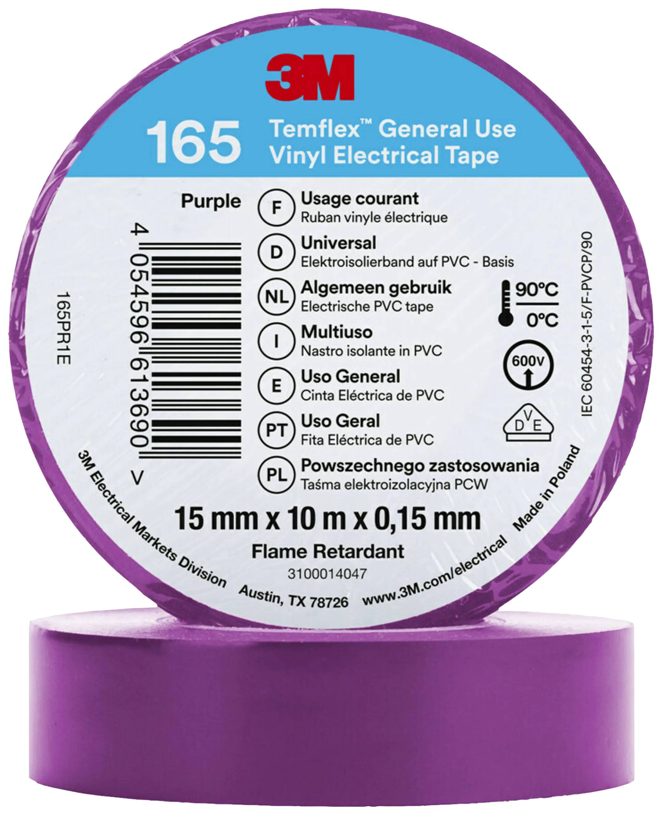 Lila Vinyl Electrical Tape, 15 mm x 10 m, for general use. Brand name '3M'. Multilingual text. Flame retardant.