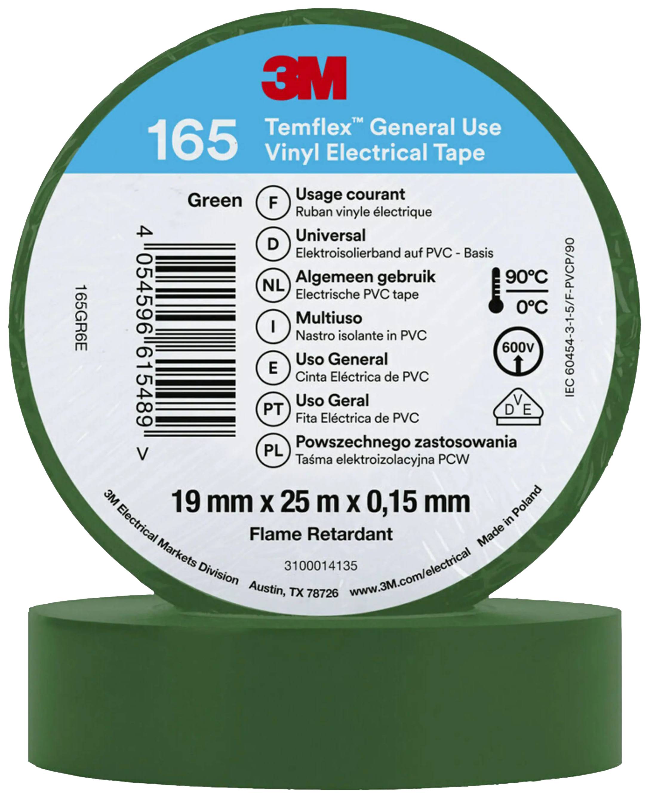 Green 3M PVC insulating tape roll. Label reads: 'General Use Vinyl Electrical Tape'. Dimensions: 19 mm x 25 m x 0.15 mm.