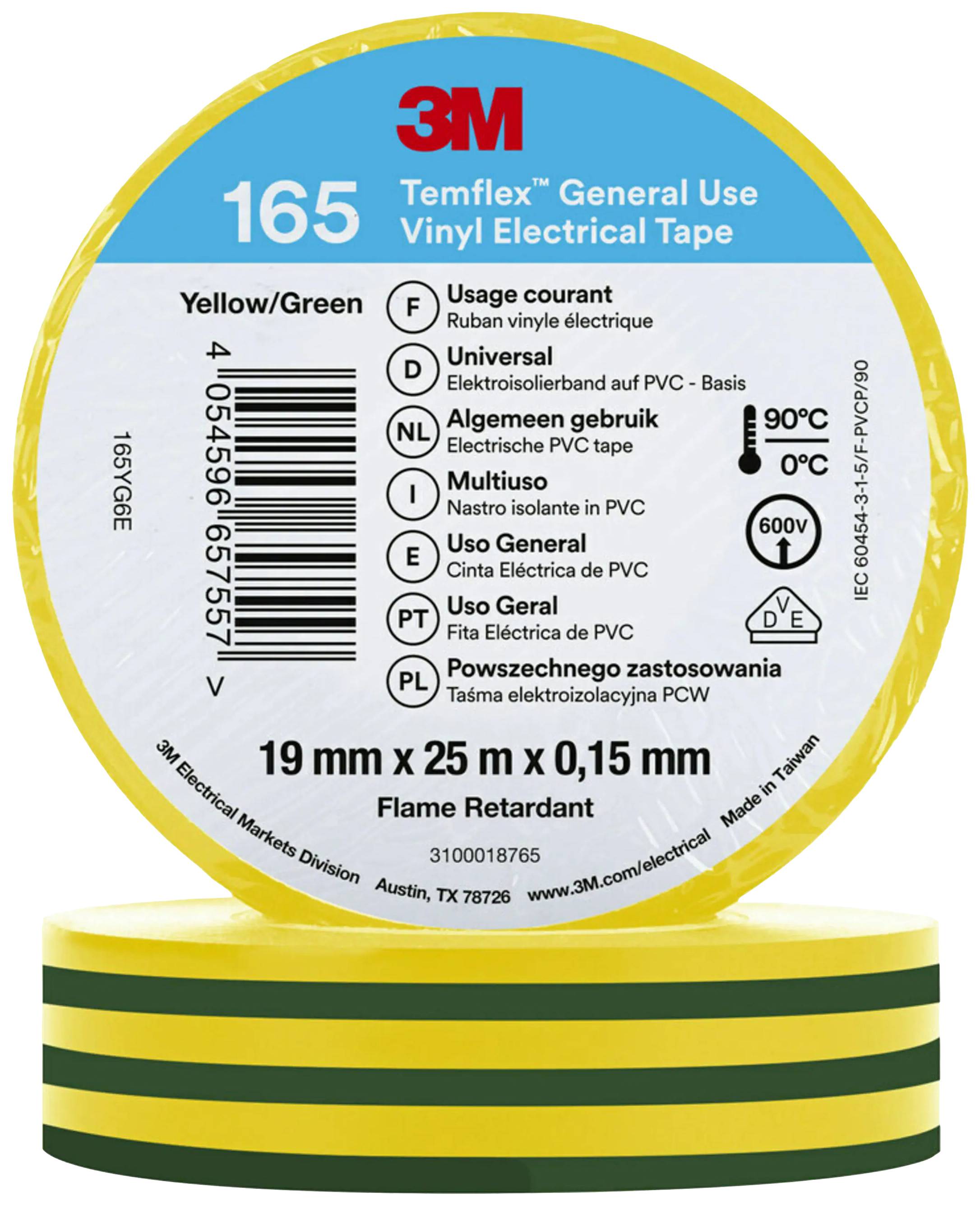 Yellow-green insulating tape by 3M, Type 165, 19 mm x 25 m x 0.15 mm, flame-retardant for general use with CE and safety markings.