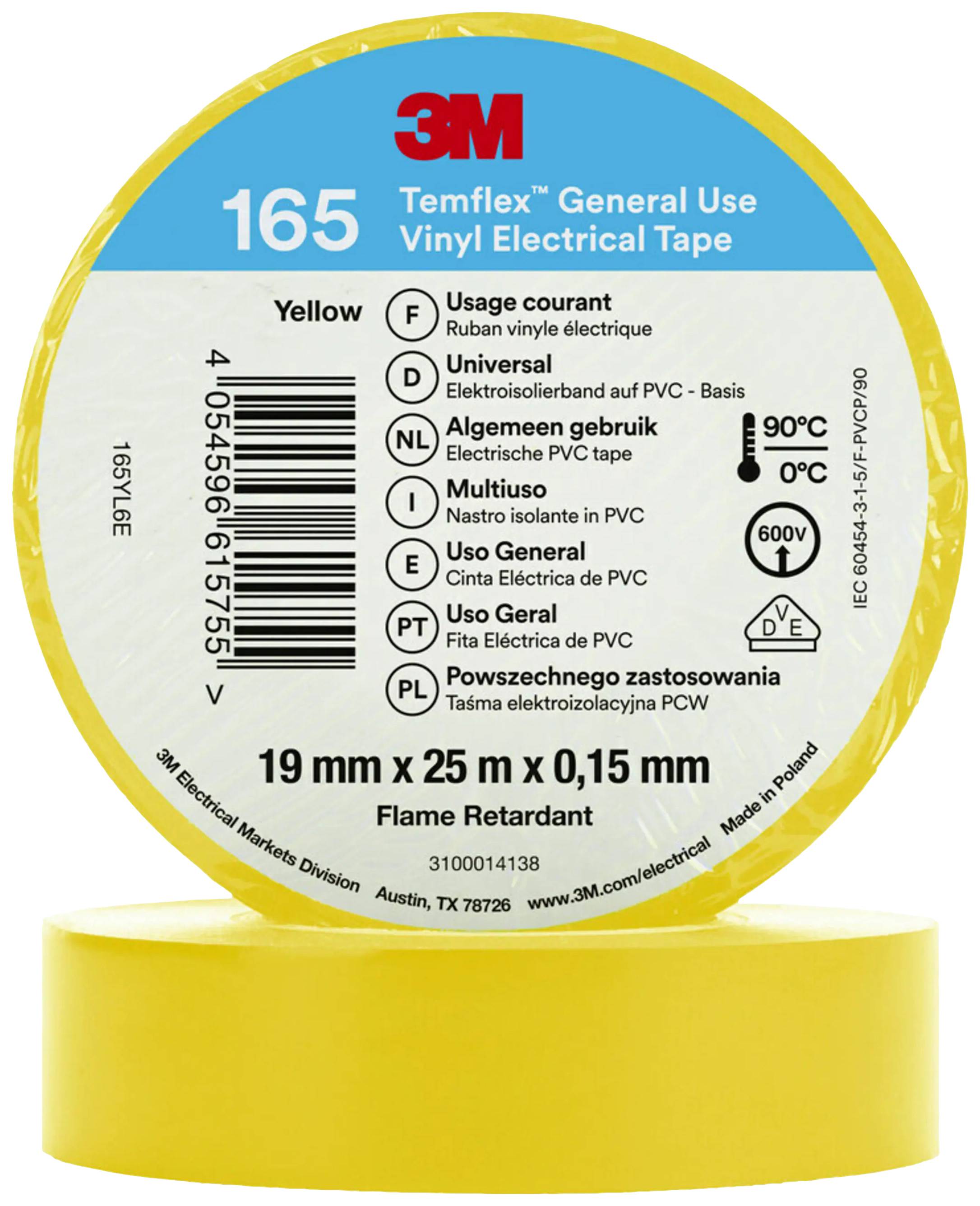'3M Temflex 165' Vinyl Electrical Tape, yellow, 19 mm x 25 m. Heat-resistant up to 90°C, flame-retardant. Universally applicable.