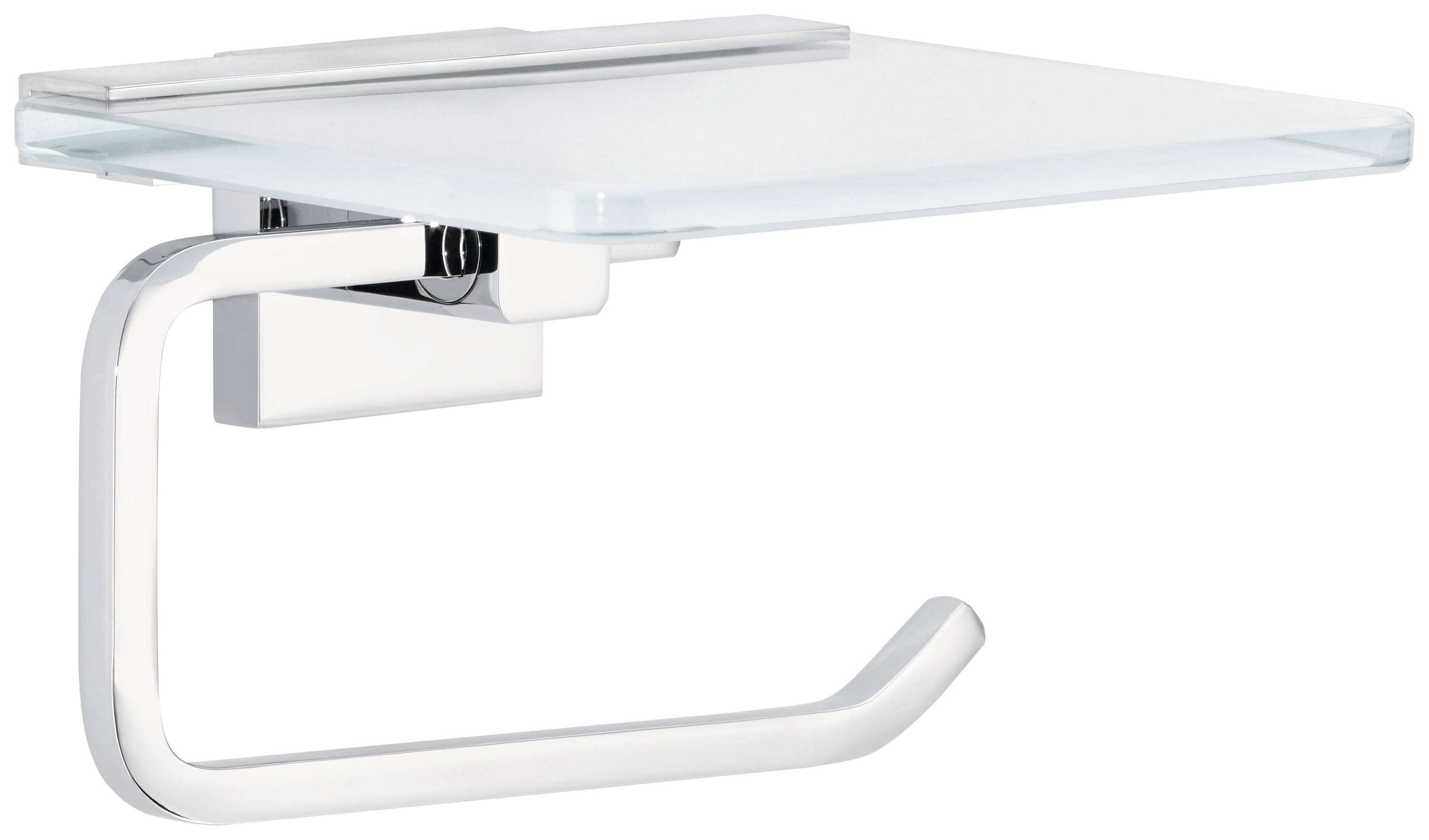 A modern, chrome-plated toilet roll holder with glass shelf. Ideal for bathrooms, combining functionality and elegant design.