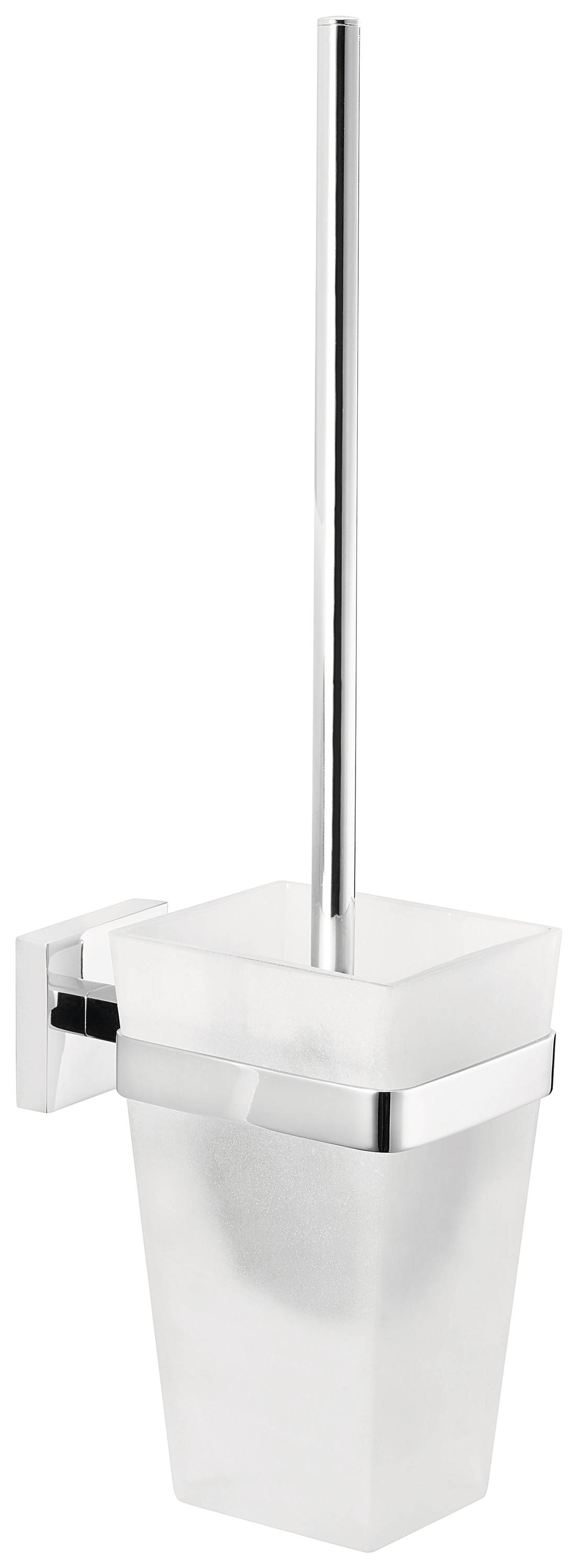 Toilet brush with holder made of stainless steel and matt glass, wall-mounted.