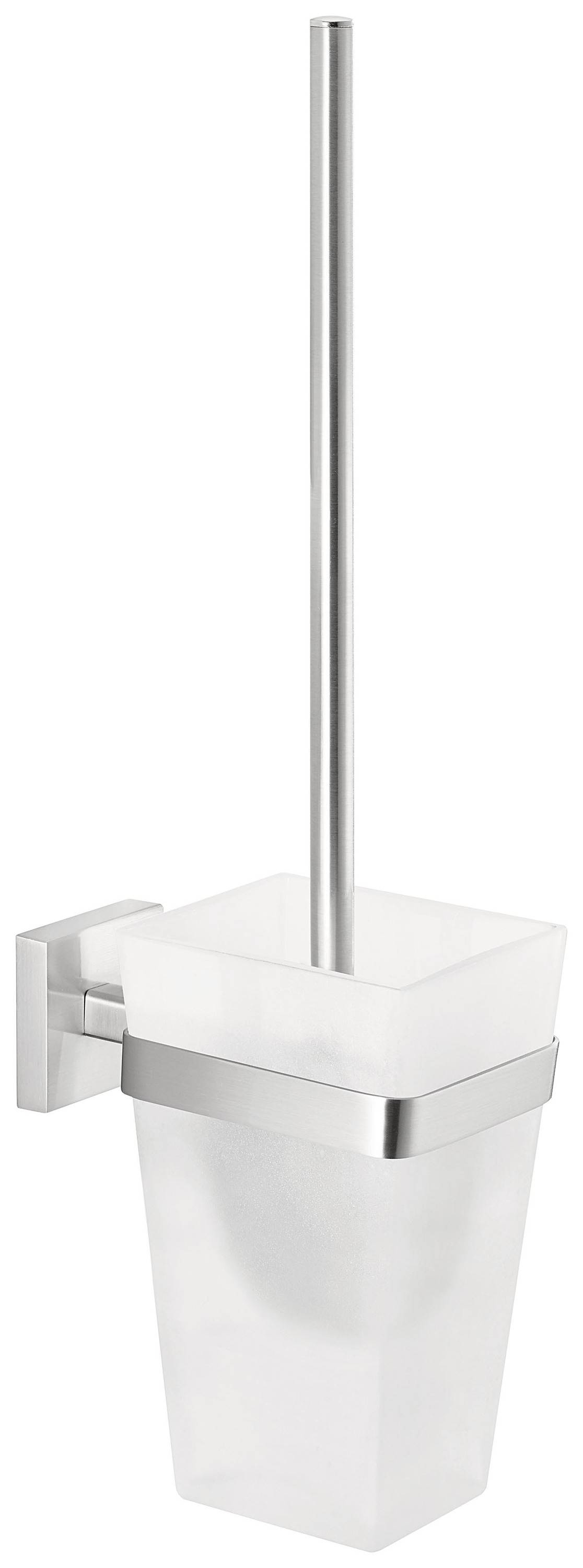 A white toilet brush with a stainless steel holder and handle, mounted on a wall bracket.