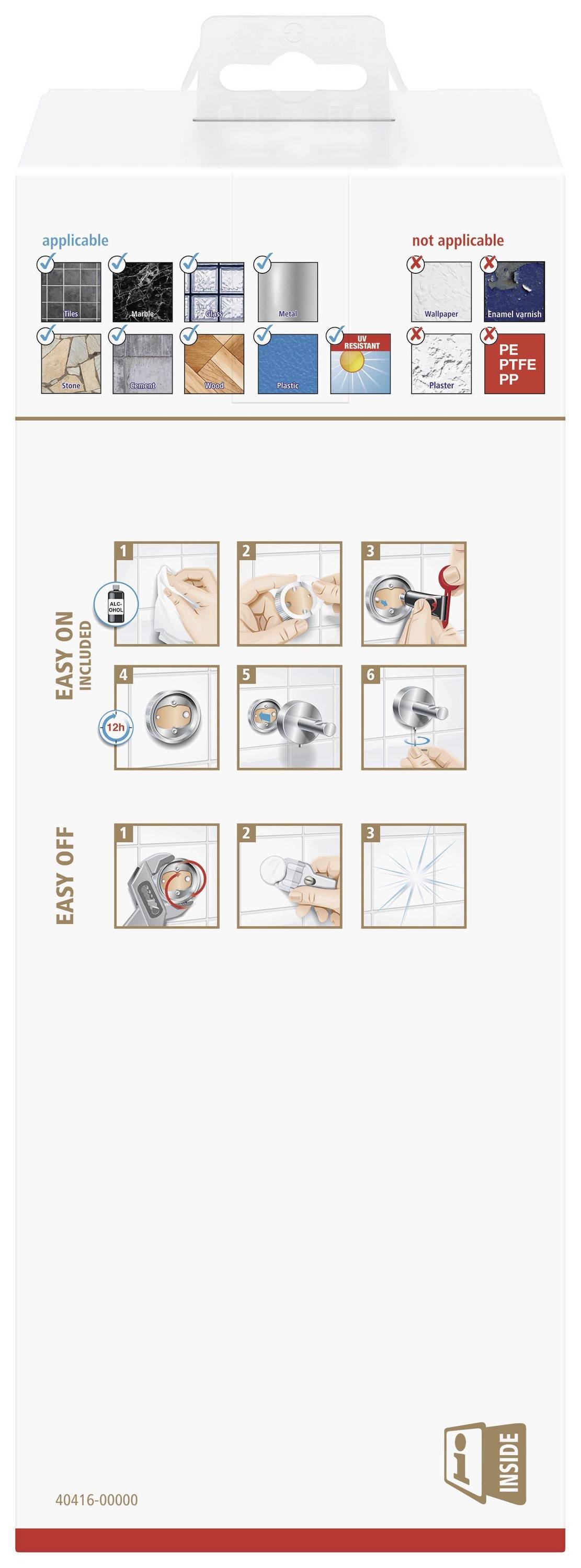 The illustration shows instructions for using an installation system: suitable for tiles and glass; easy to install and remove.