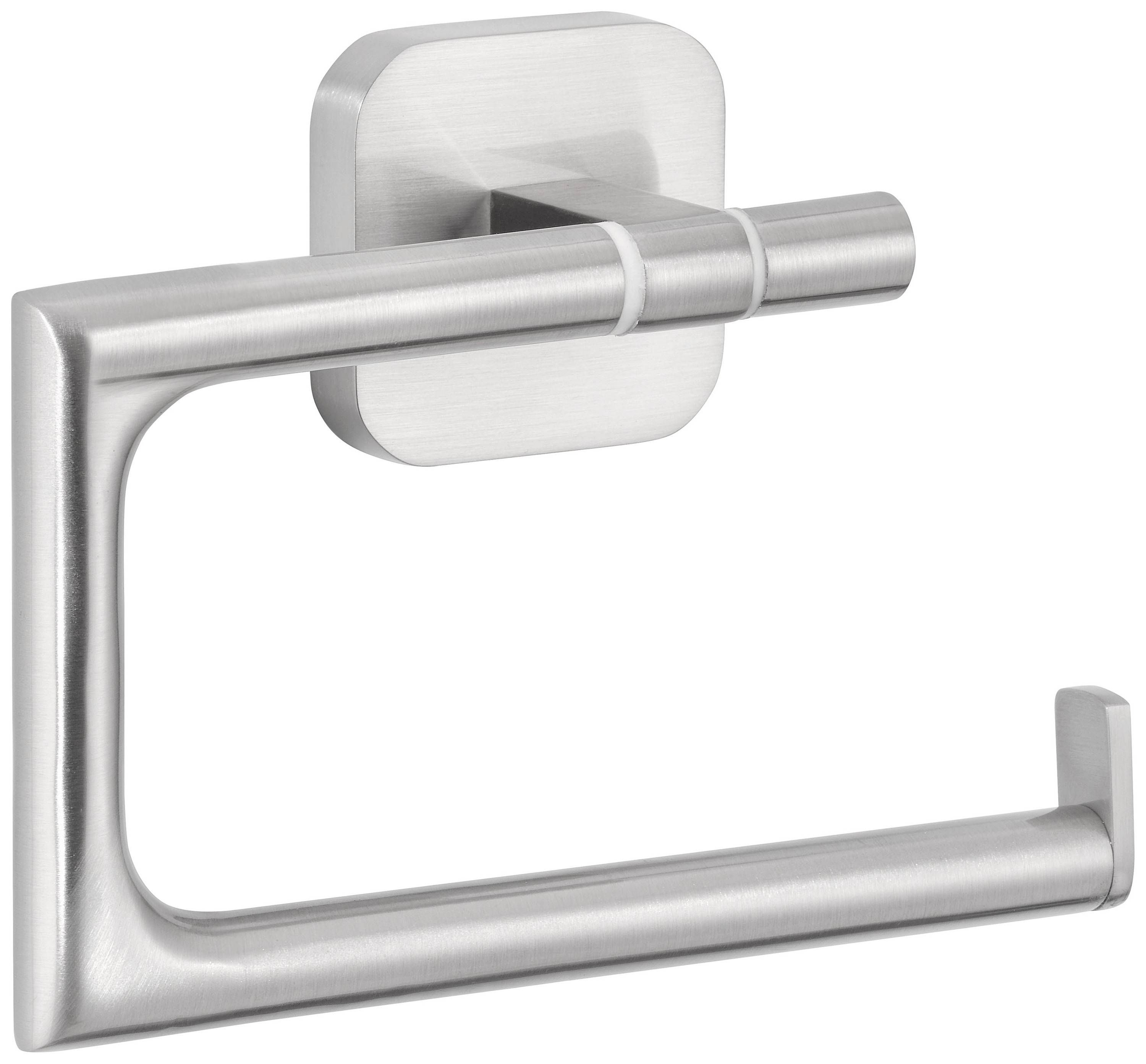 Metallic toilet roll holder with wall-mounted single-bar construction. Square base plate with contemporary design.