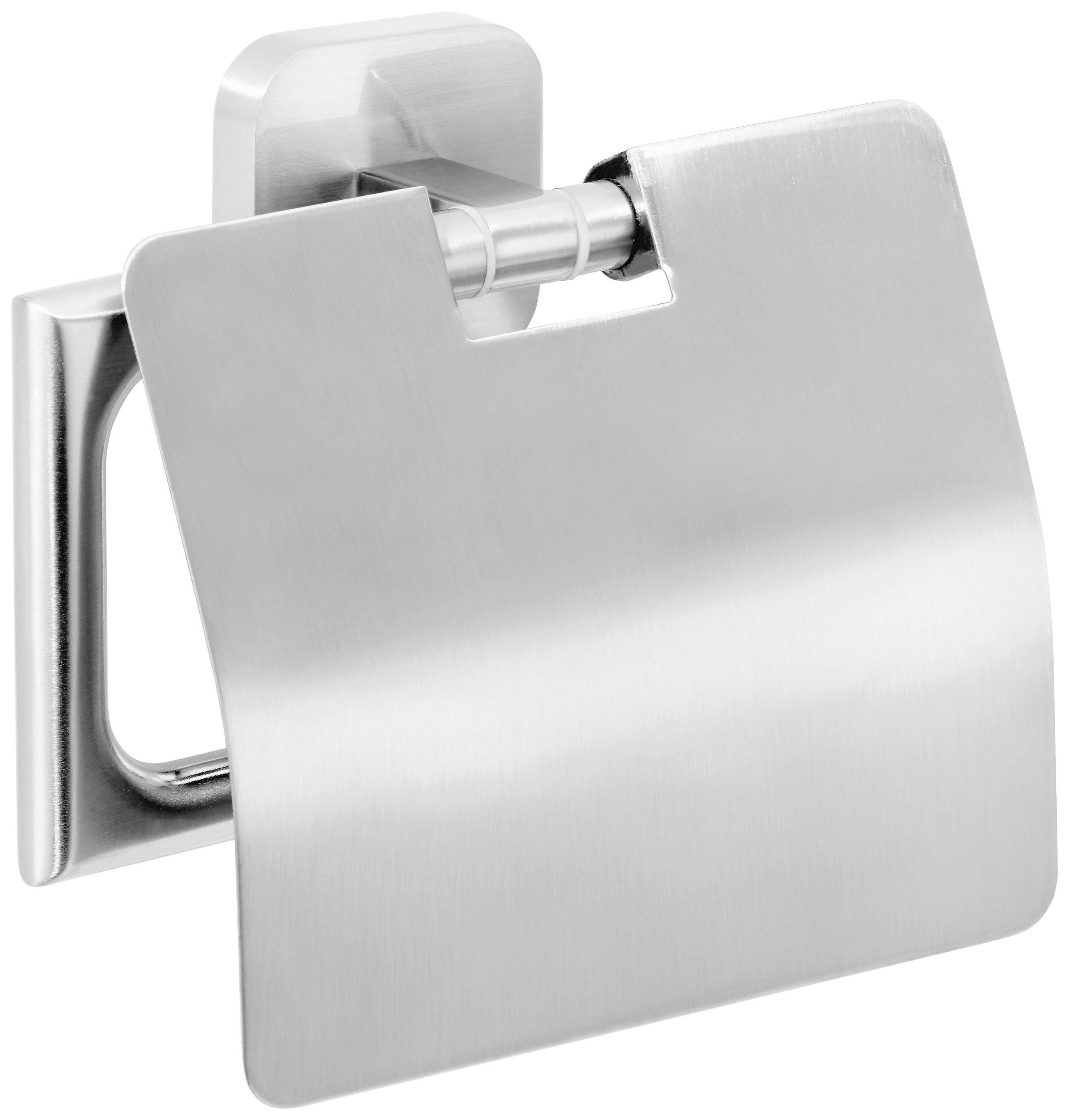 Stainless Steel Toilet Roll Holder with Hinged Cover, Mounted on a Wall Bracket. A Modern, Minimalist Design Article.