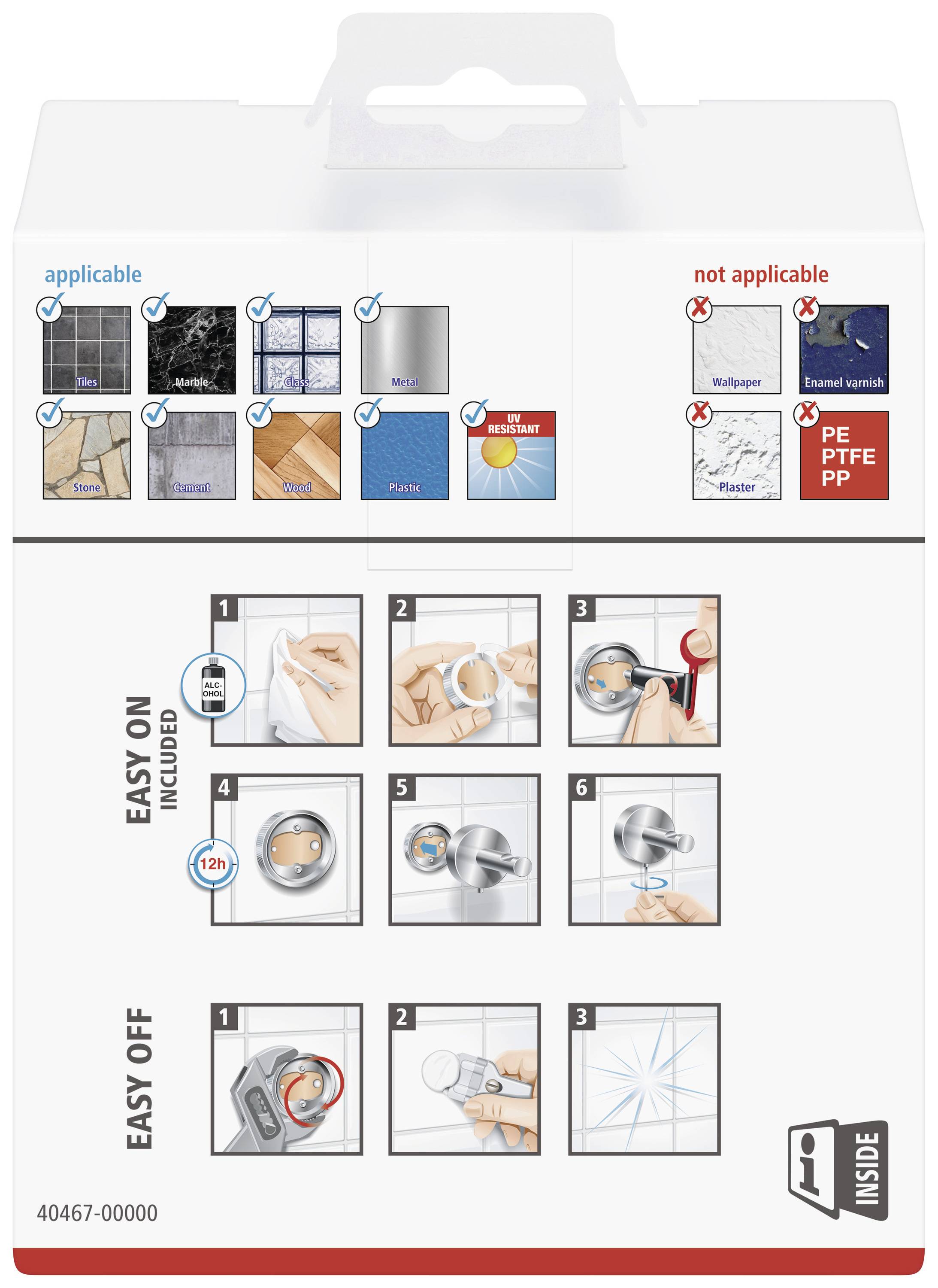 Packaging reverse side shows suitable and unsuitable materials with symbols, along with instructions for safe fastening and removal.