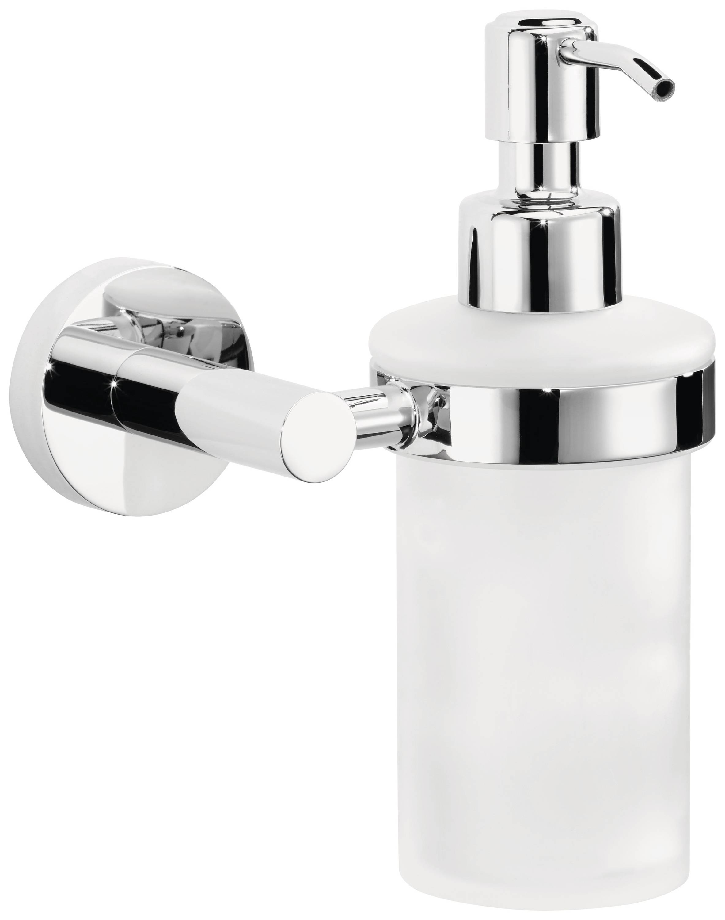 Metal and glass wall-mounted soap dispenser, with gleaming chrome finish and matte glass container. Suitable for bathroom.